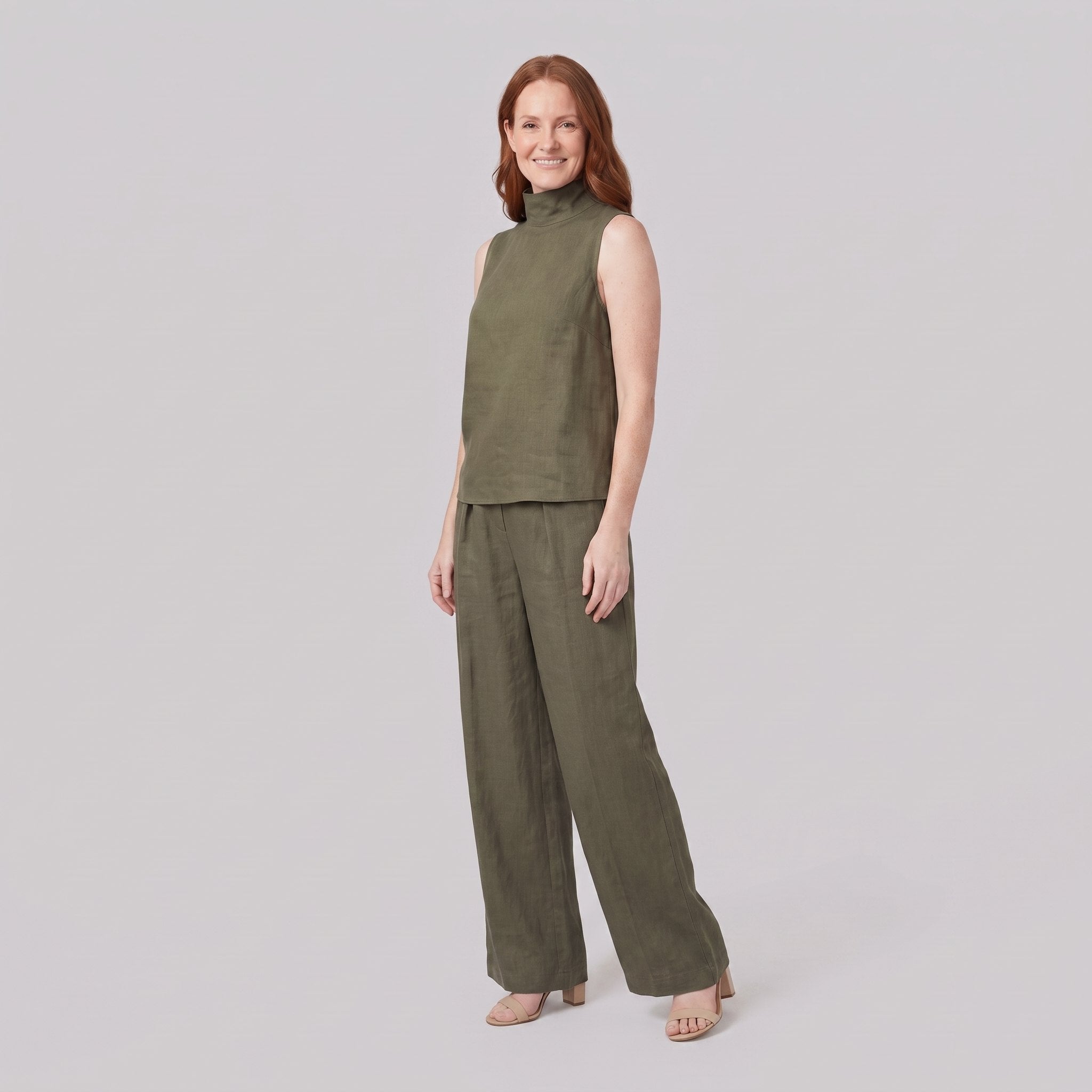 Mira two-piece set in army green, sleeveless high-neck blouse with wide-leg trousers