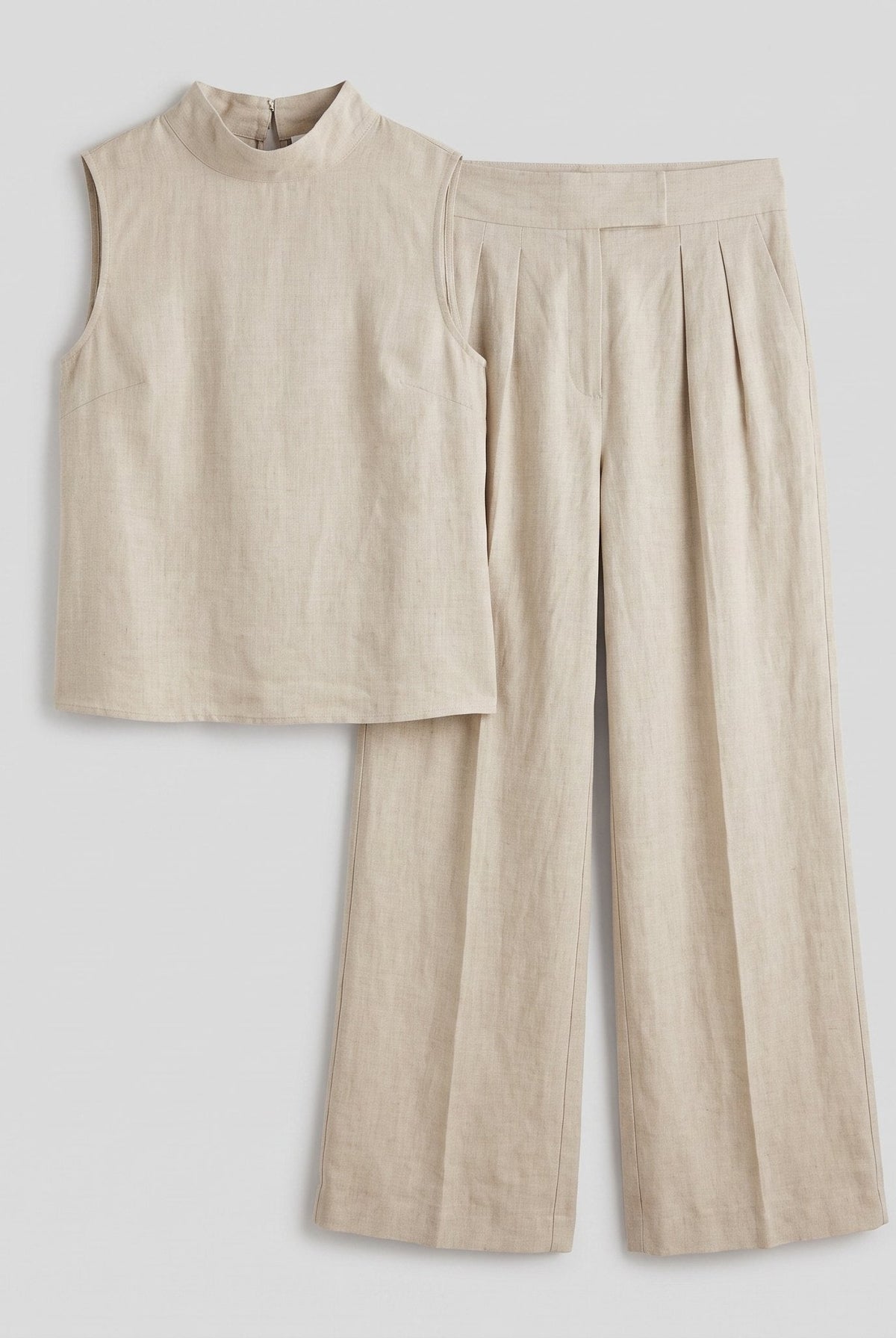 Mira two-piece set product flat-lay, sleeveless high-neck blouse with wide-leg trousers