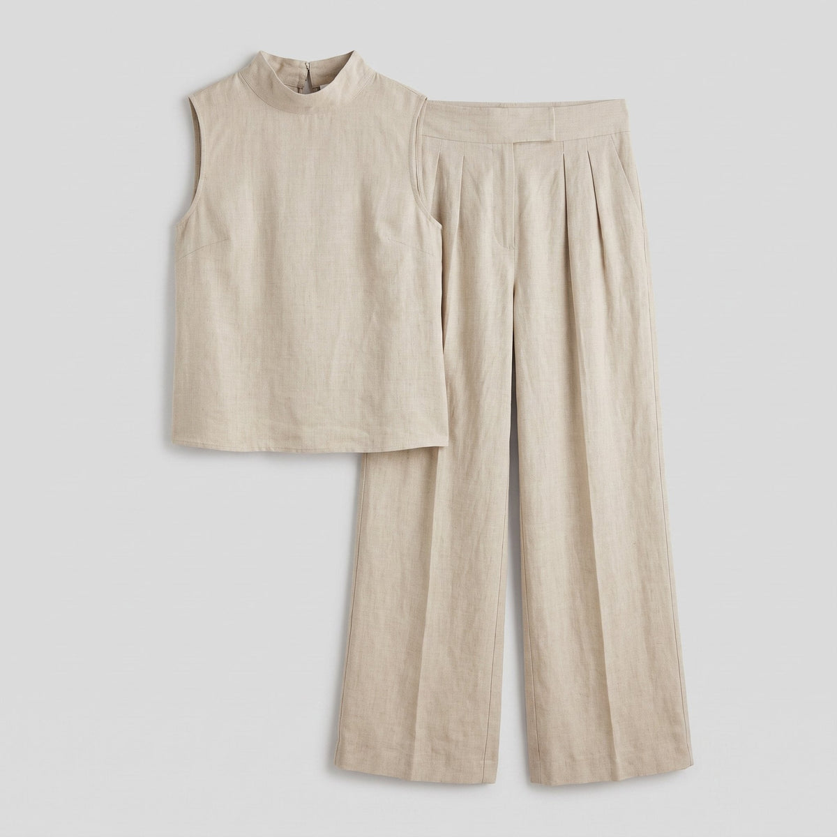 Mira two-piece set product flat-lay, sleeveless high-neck blouse with wide-leg trousers
