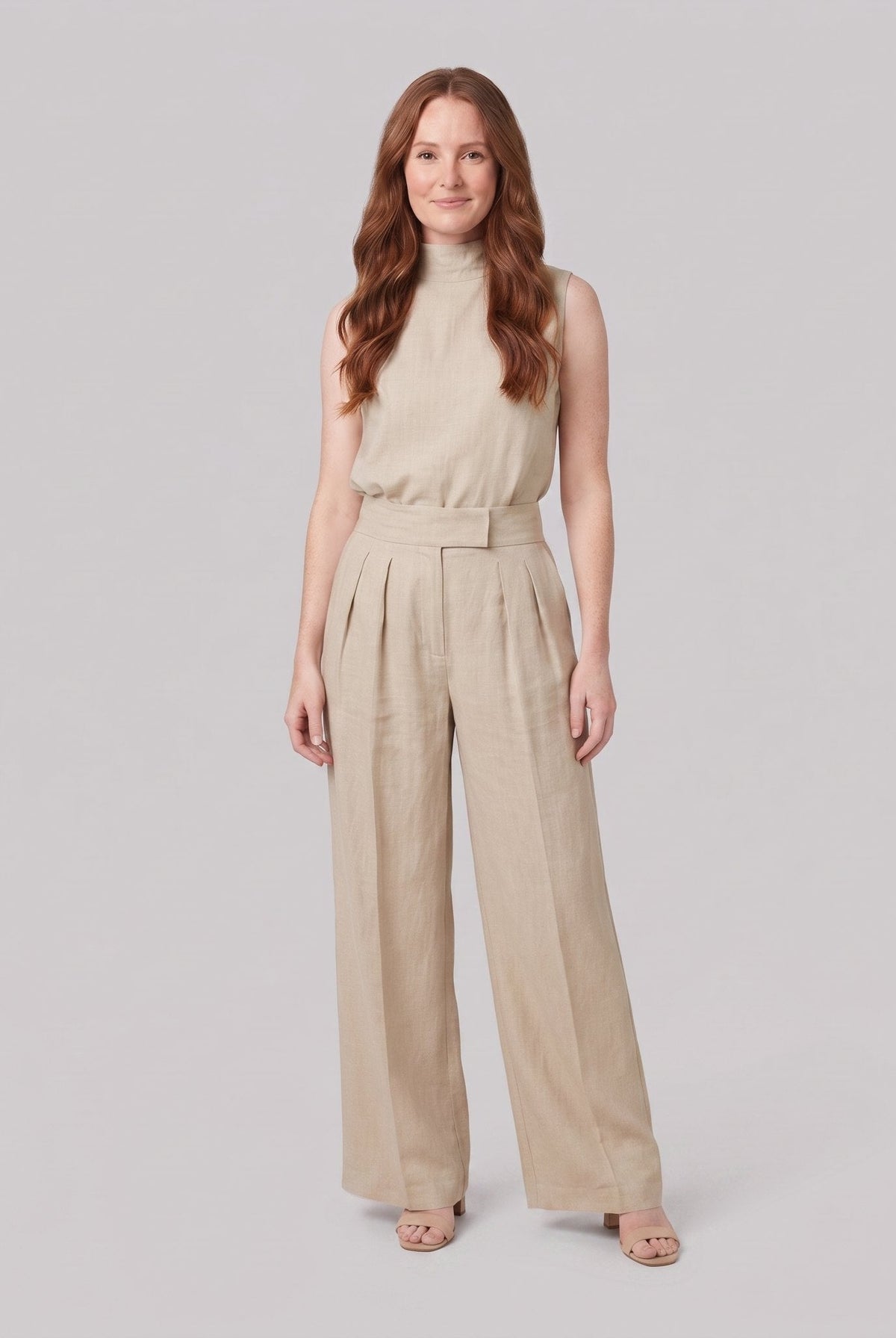Mira two-piece set in khaki, sleeveless high-neck blouse with wide-leg trousers