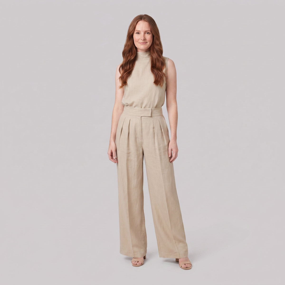 Mira two-piece set in khaki, sleeveless high-neck blouse with wide-leg trousers