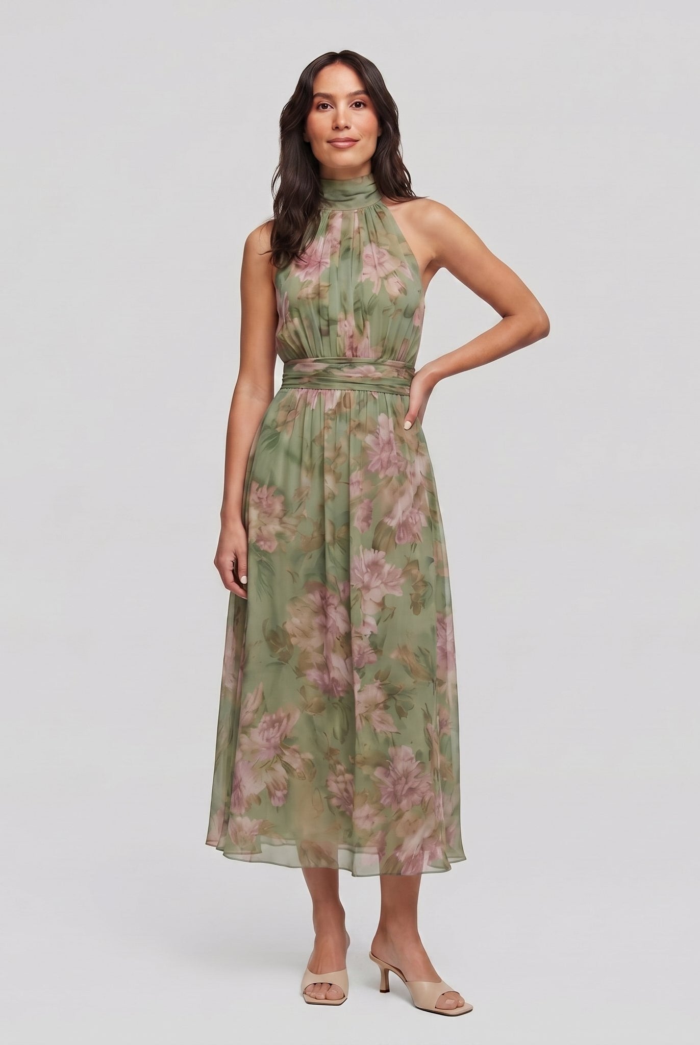 Mirelle sage green floral halter midi dress, full length