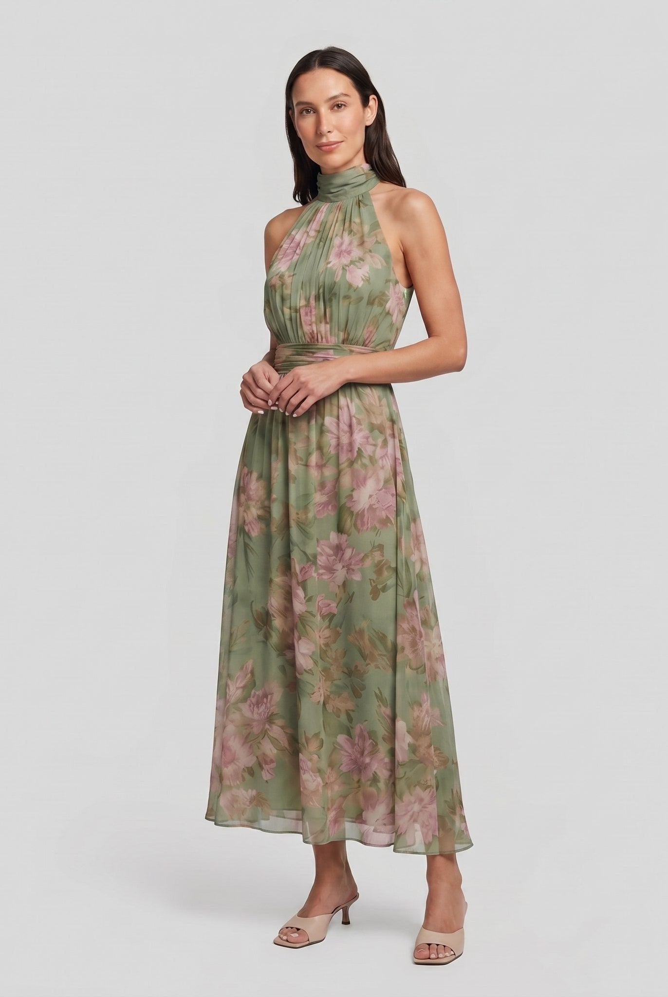 Mirelle sage green floral halter midi dress, three quarter view