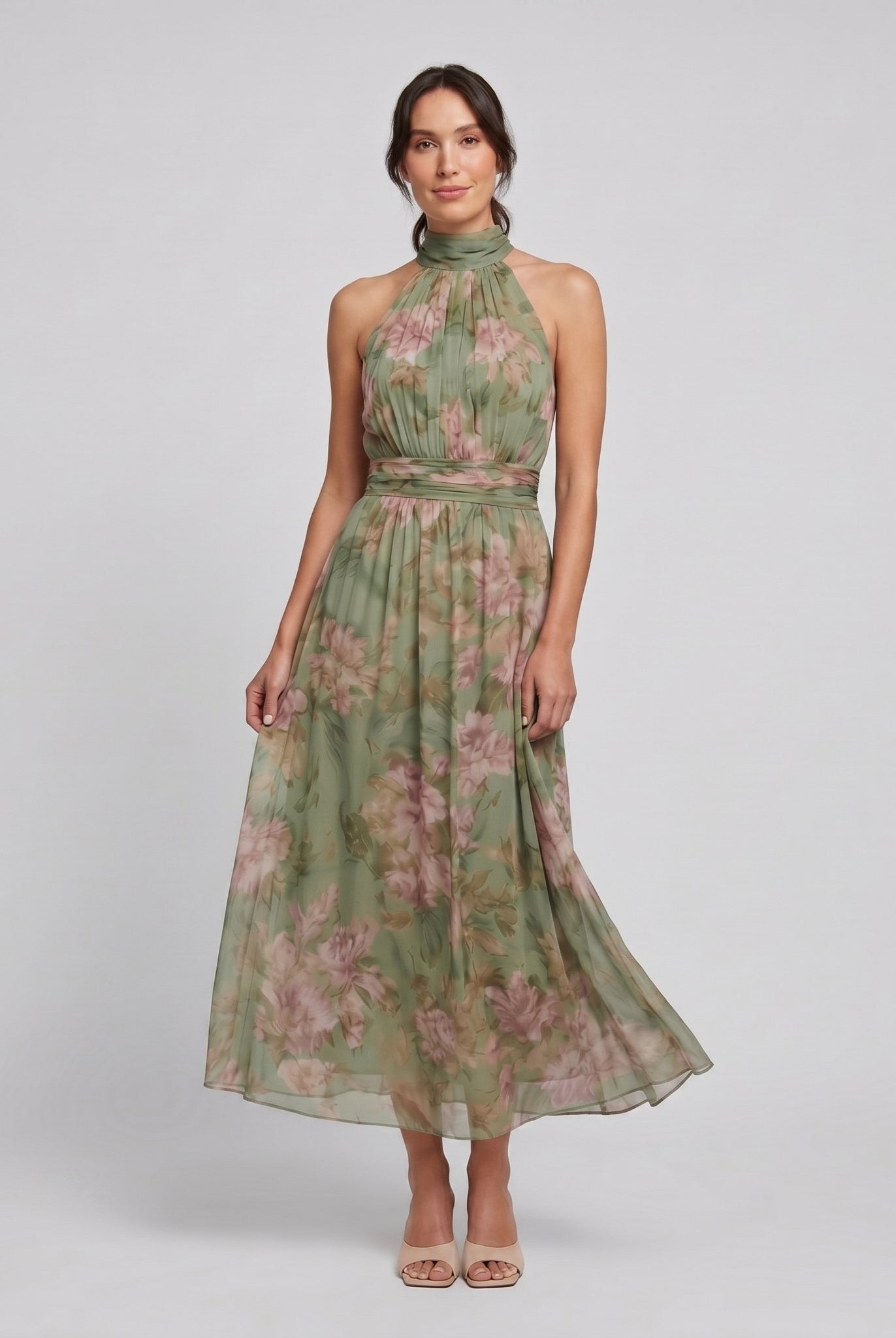 Mirelle sage green floral halter midi dress, front view