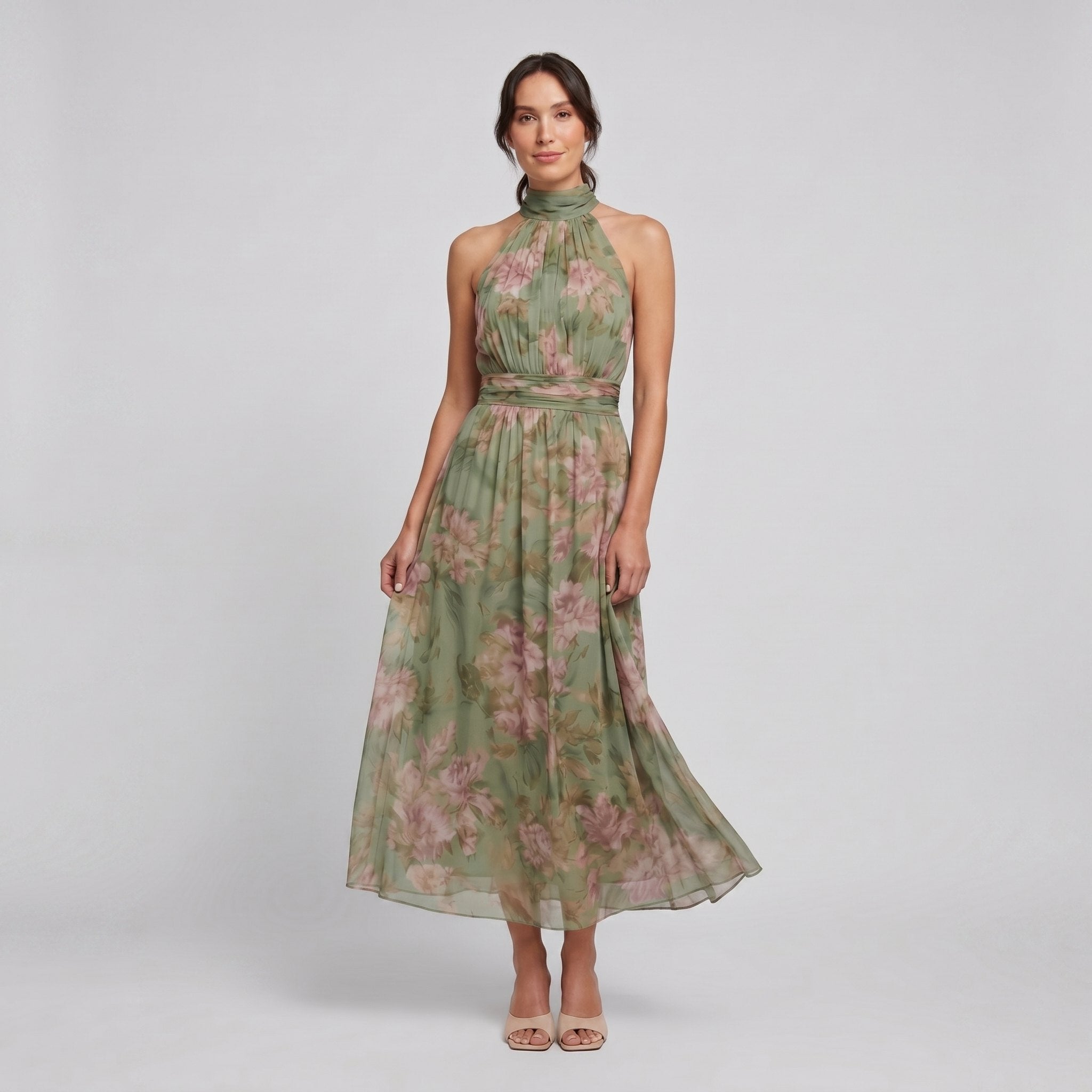 Mirelle sage green floral halter midi dress, front view