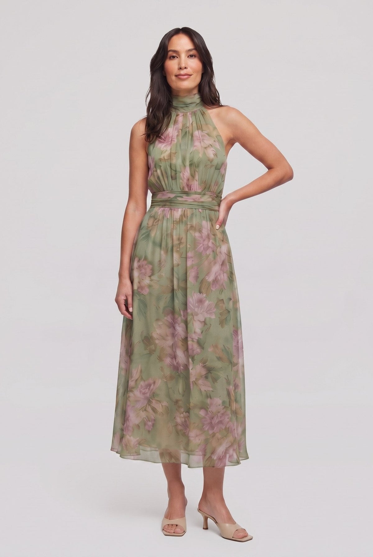 Pamela Boutique Mirelle sage green floral halter-neck midi dress front view