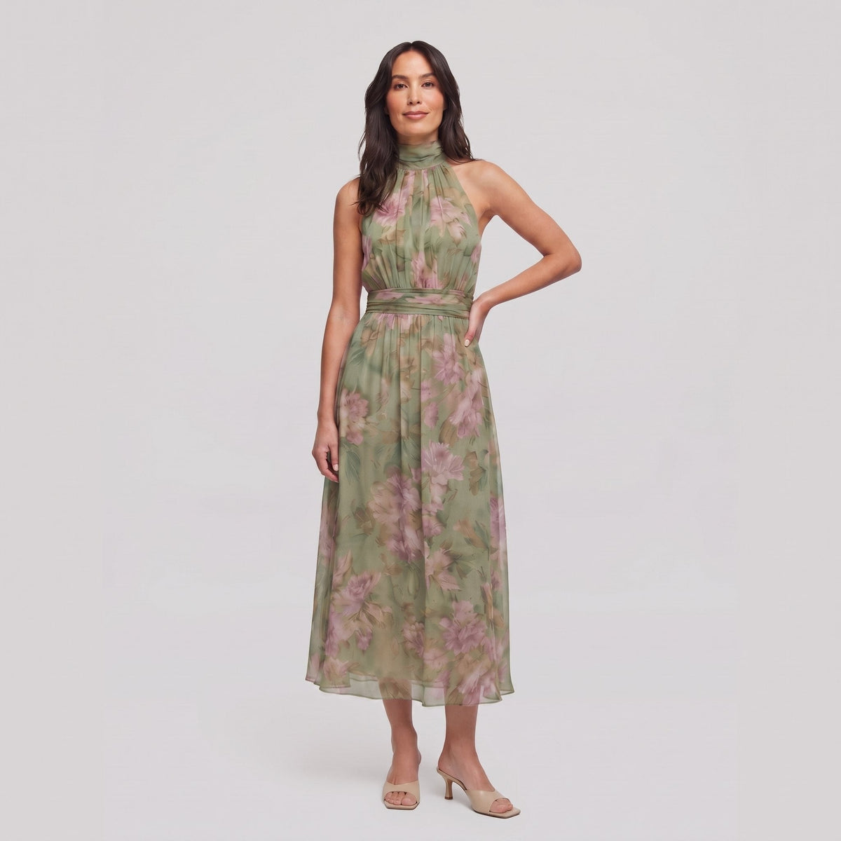 Pamela Boutique Mirelle sage green floral halter-neck midi dress front view