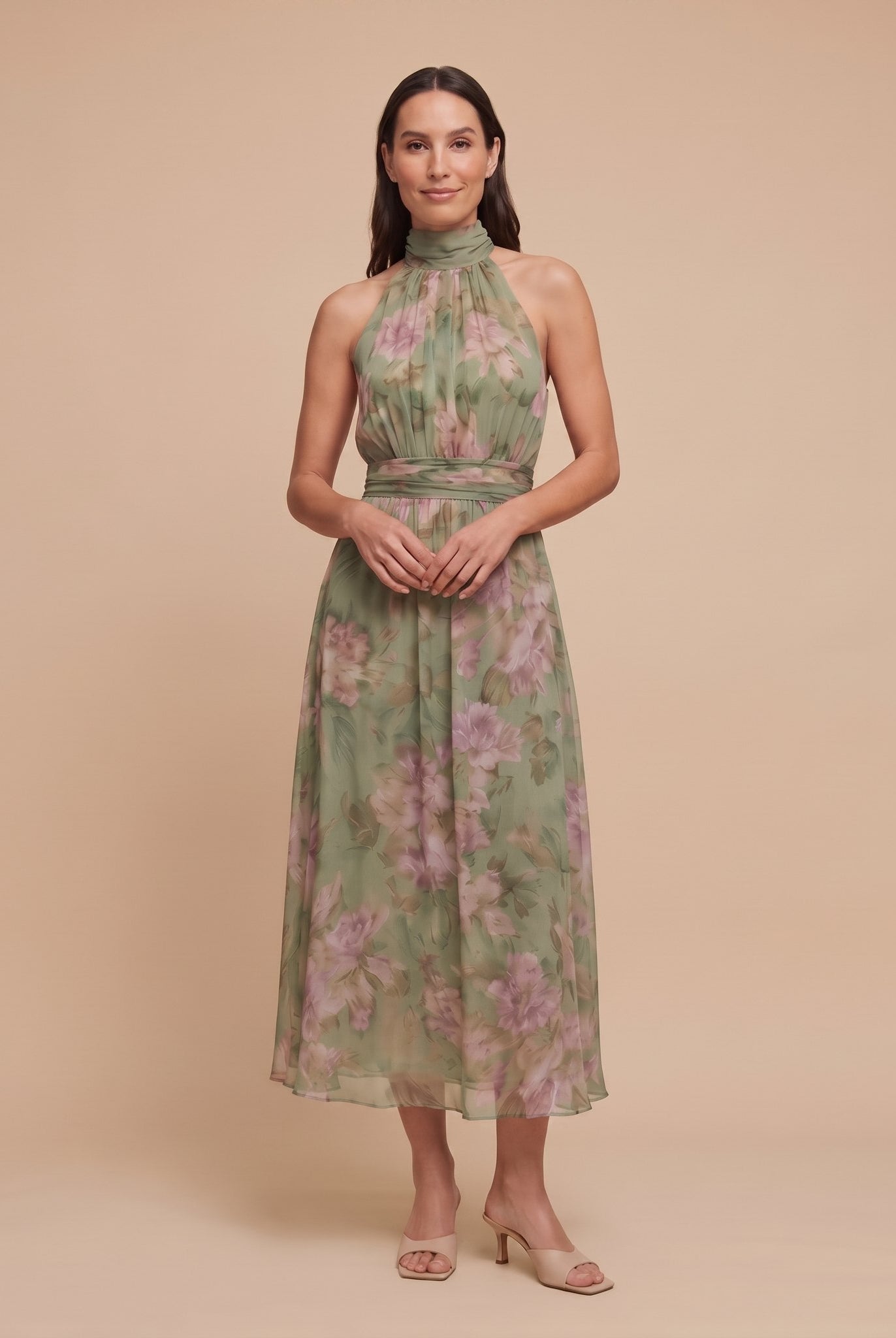 Pamela Boutique Mirelle sage green floral midi dress front pose
