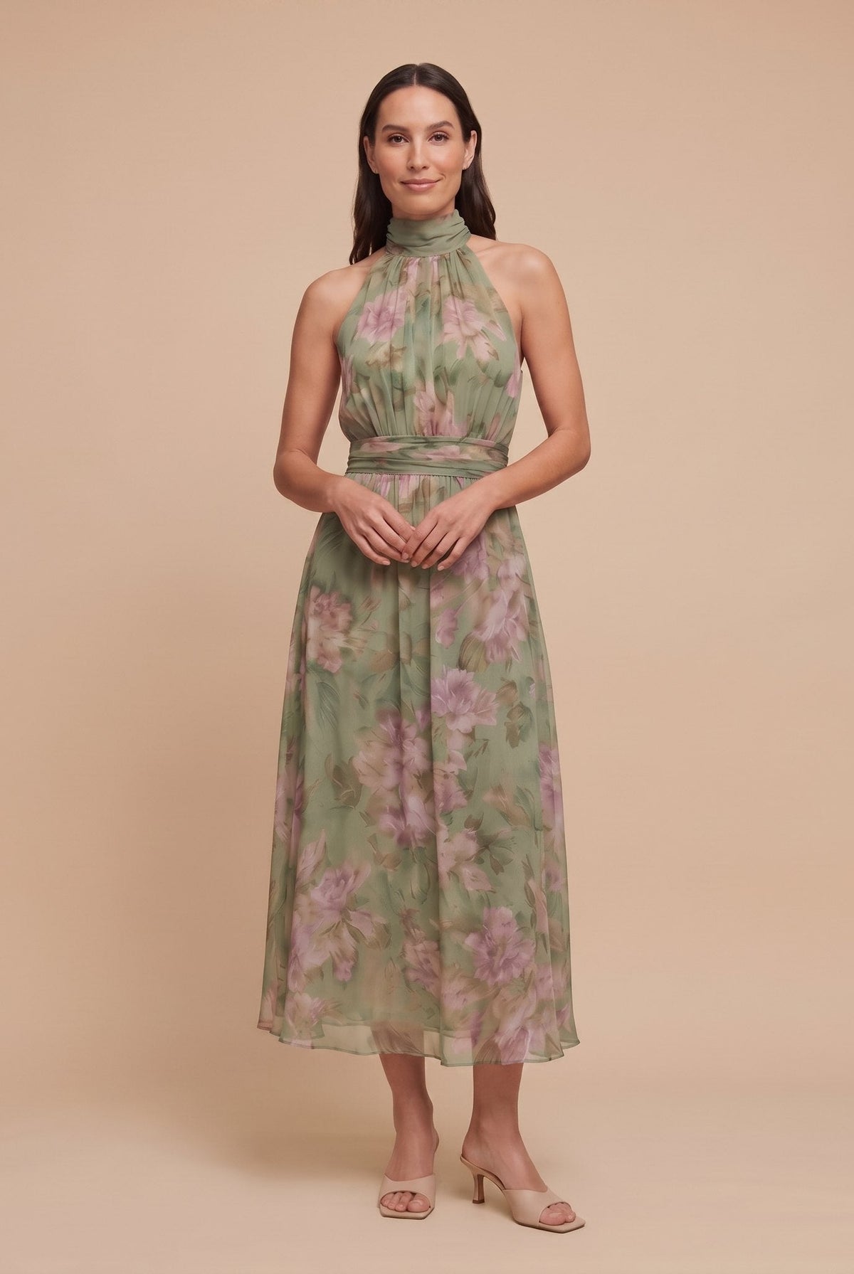 Pamela Boutique Mirelle sage green floral midi dress front pose