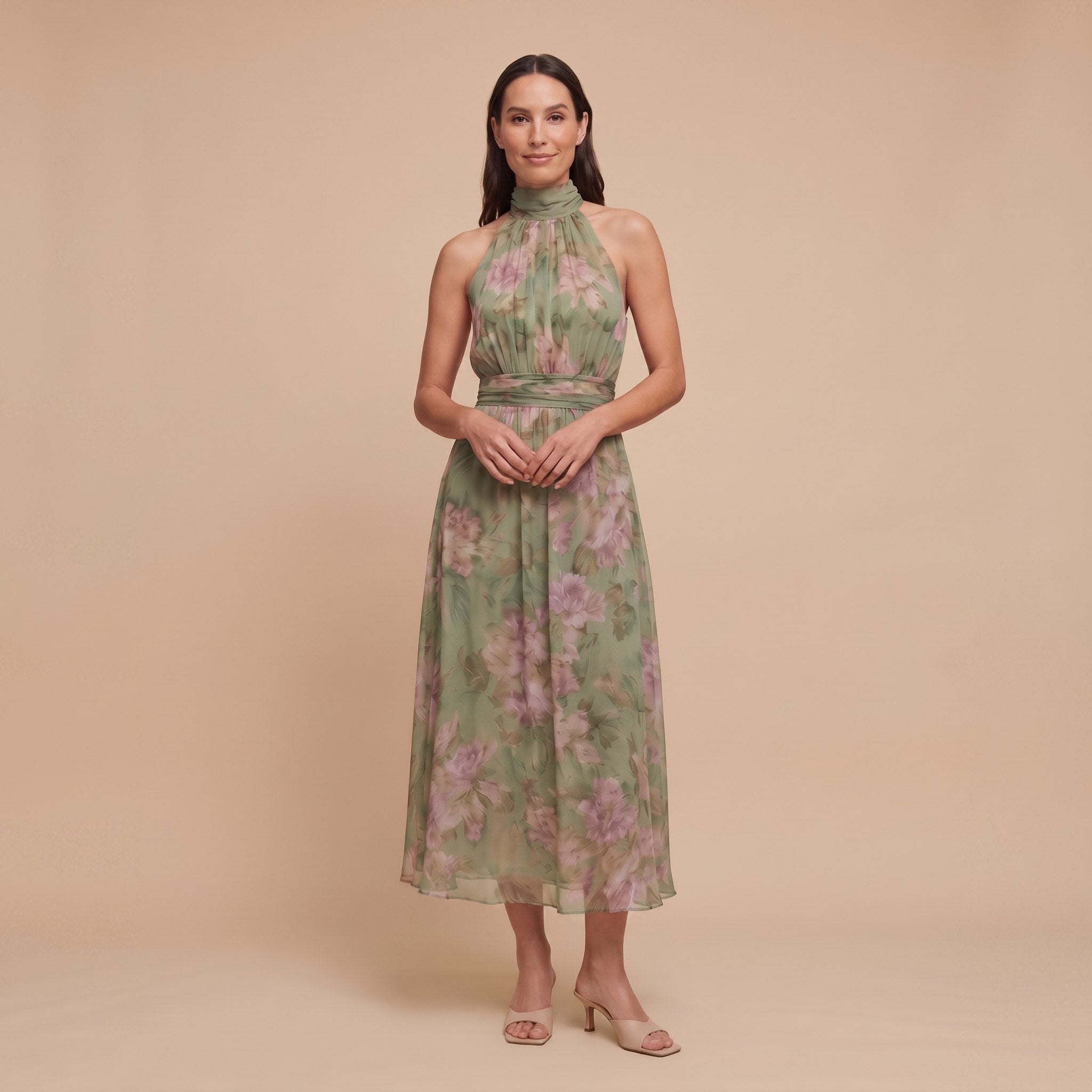 Pamela Boutique Mirelle sage green floral midi dress front pose