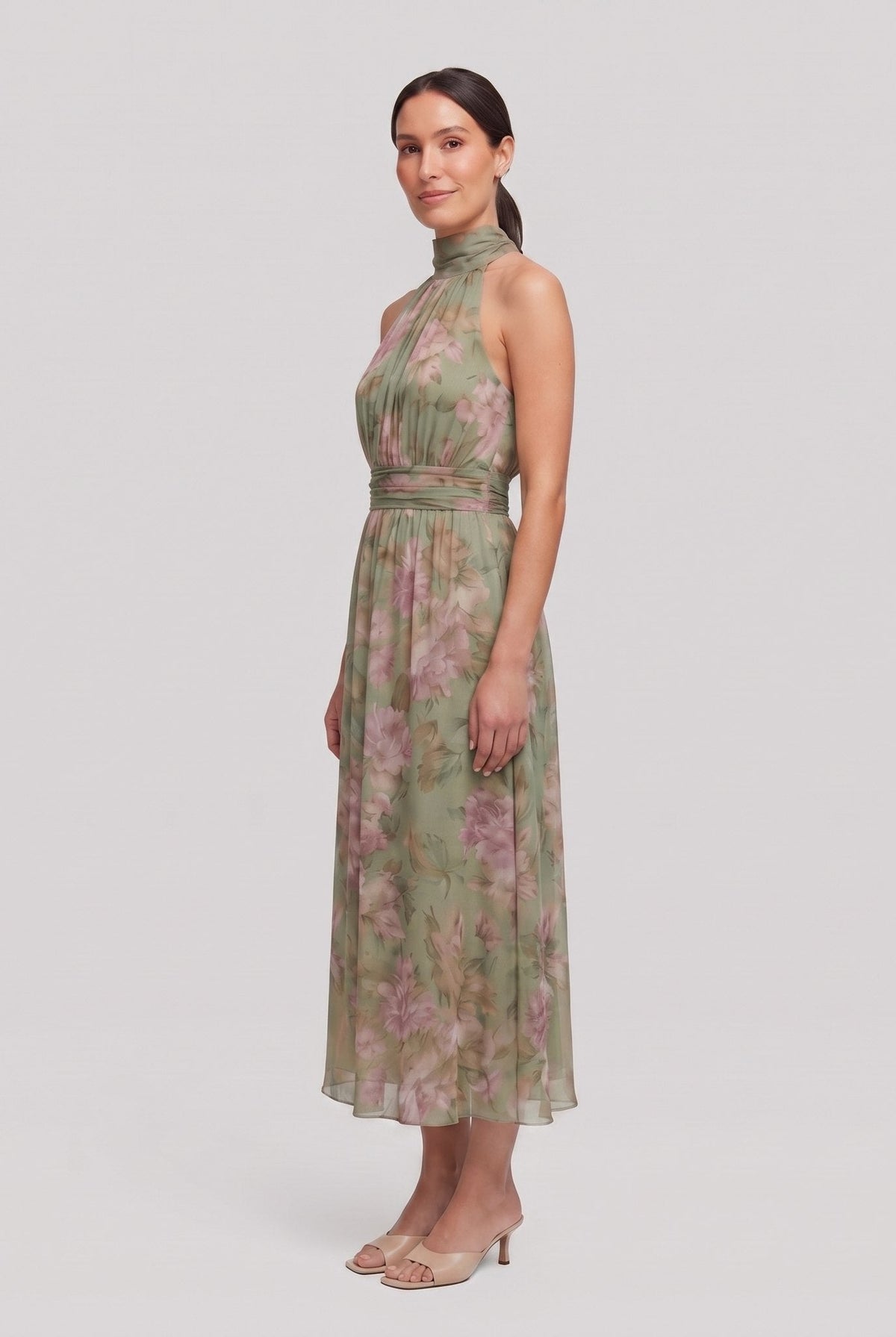 Pamela Boutique Mirelle sage green floral midi dress side view