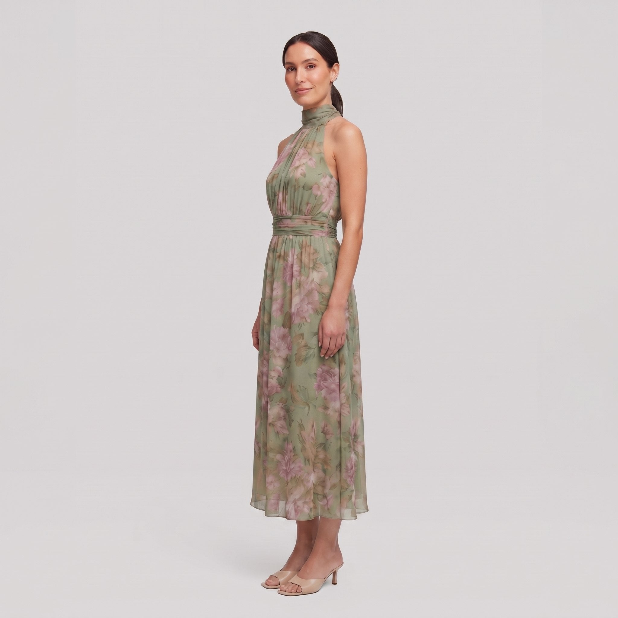 Pamela Boutique Mirelle sage green floral midi dress side view