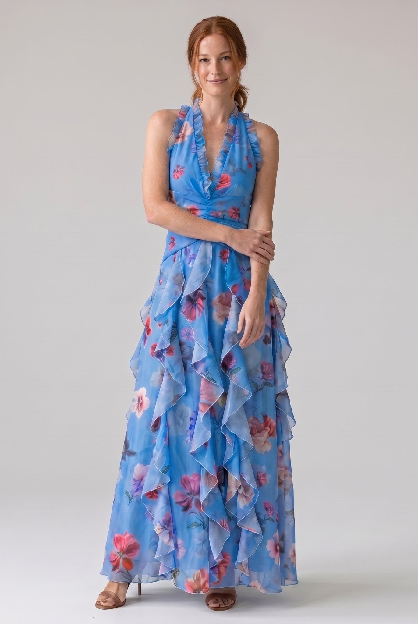 Nora maxi dress in blue, halter neck, full length
