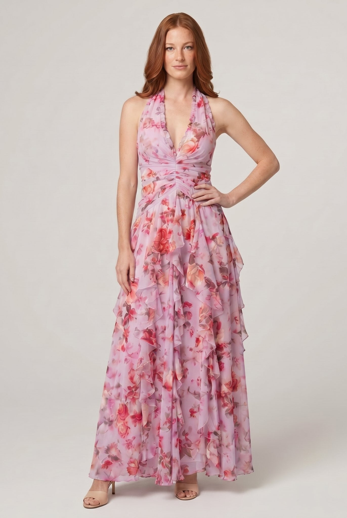 Nora maxi dress in pink, halter neck, full length