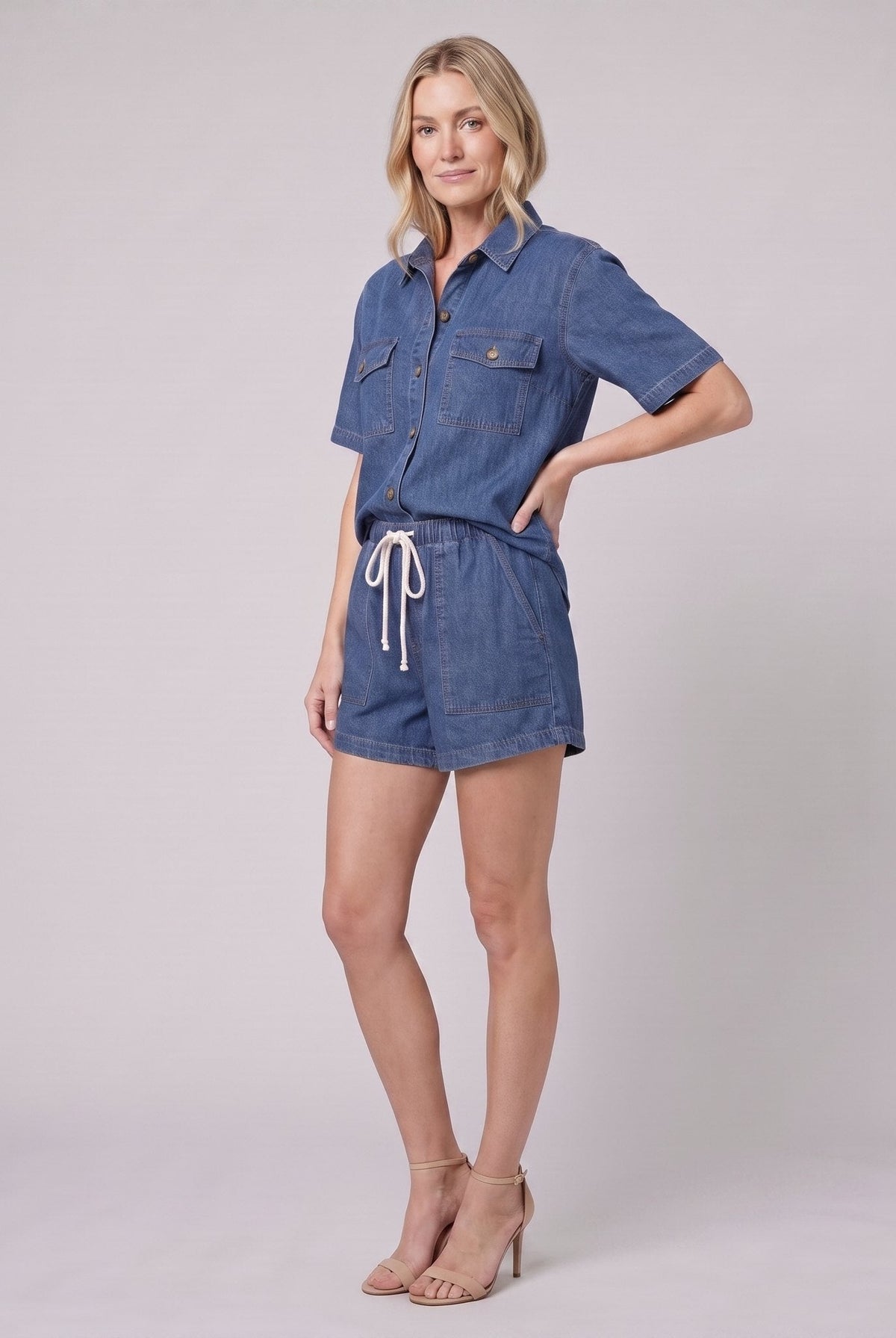 Olivia blue denim two-piece set - short-sleeve button-down shirt and drawstring shorts, front view
