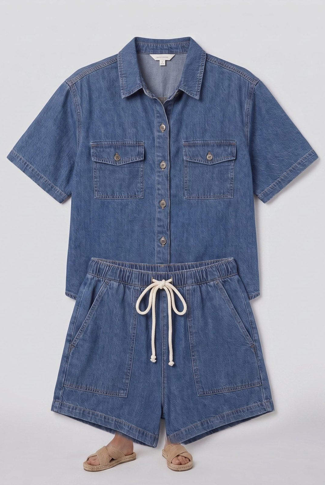 Olivia blue denim set flat-lay - shirt and shorts