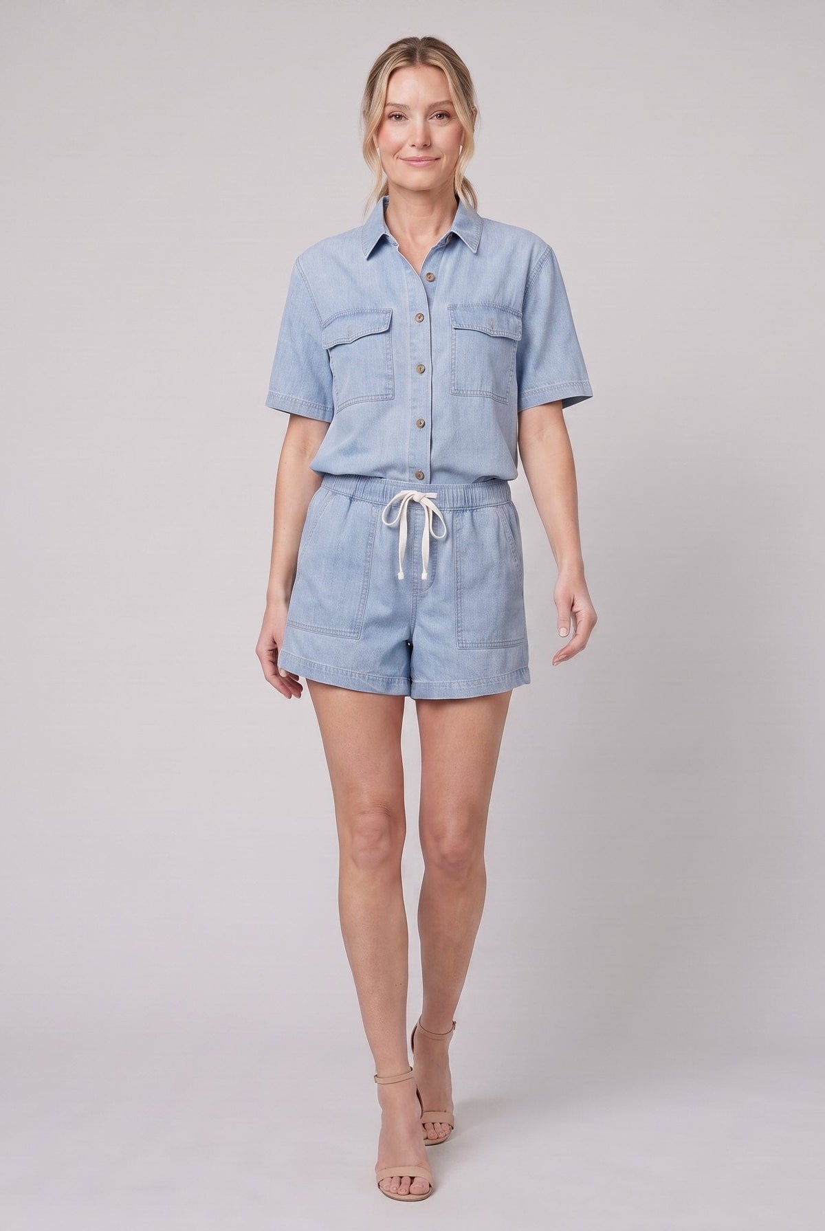 Olivia light chambray blue (Sky) denim set - walking view