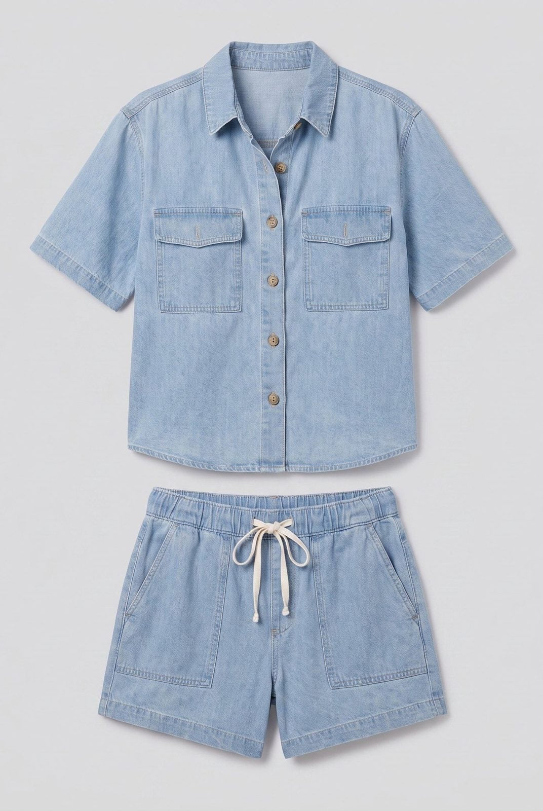 Olivia light chambray blue (Sky) denim set flat-lay - shirt and shorts