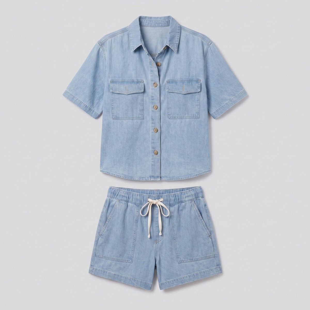 Olivia light chambray blue (Sky) denim set flat-lay - shirt and shorts