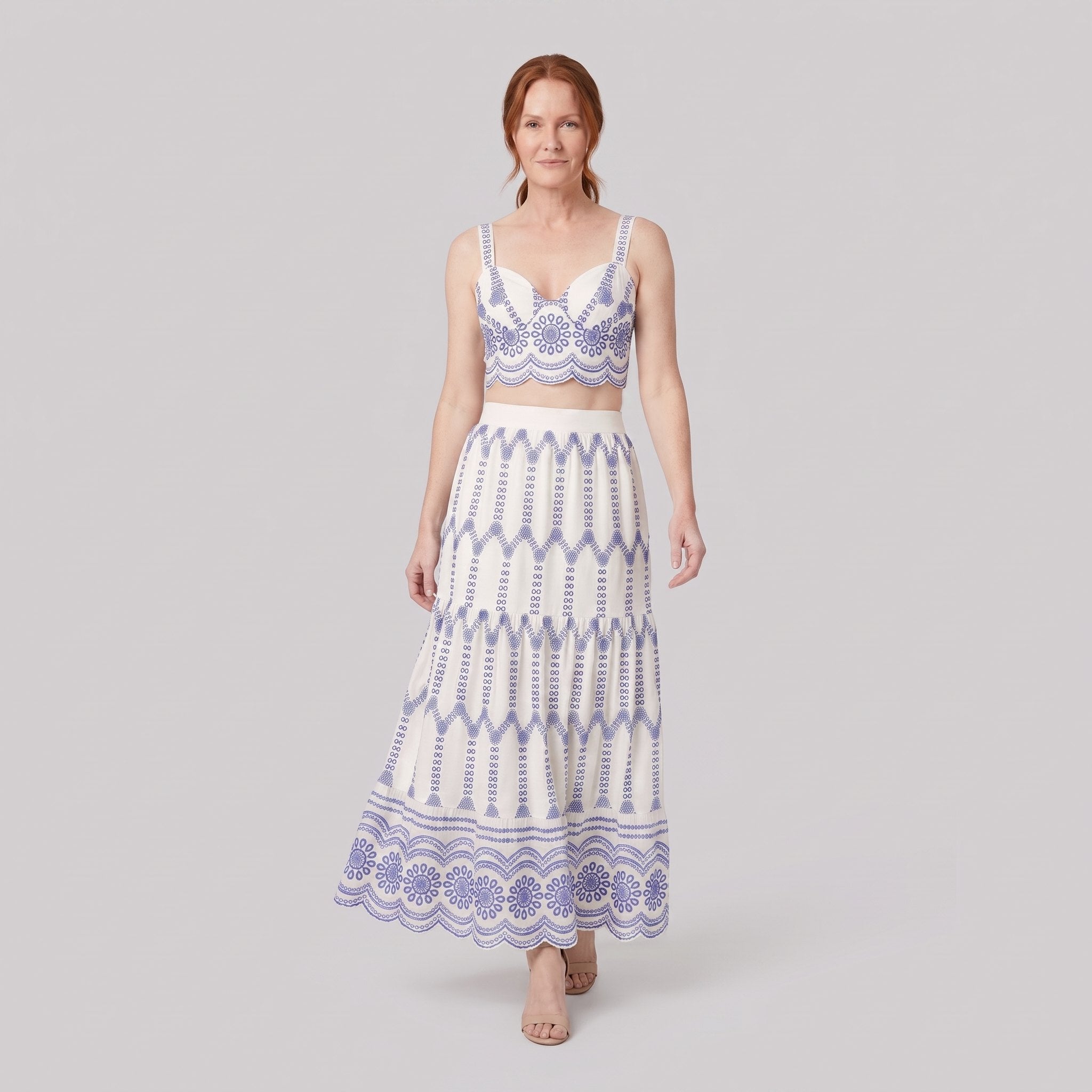 Pinta ivory broderie skirt set - walking view