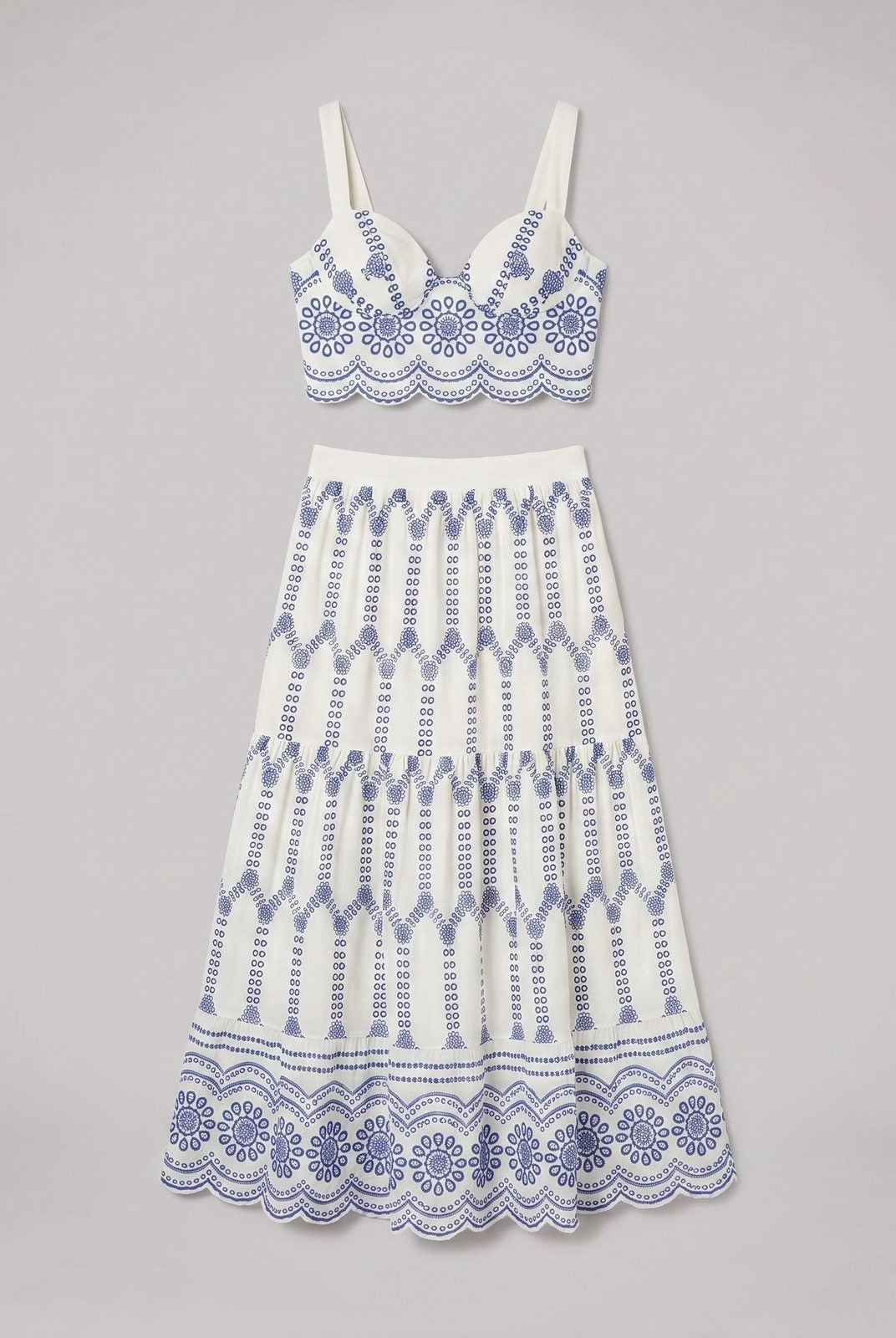 Pinta ivory broderie skirt set flat-lay - blue eyelet embroidery