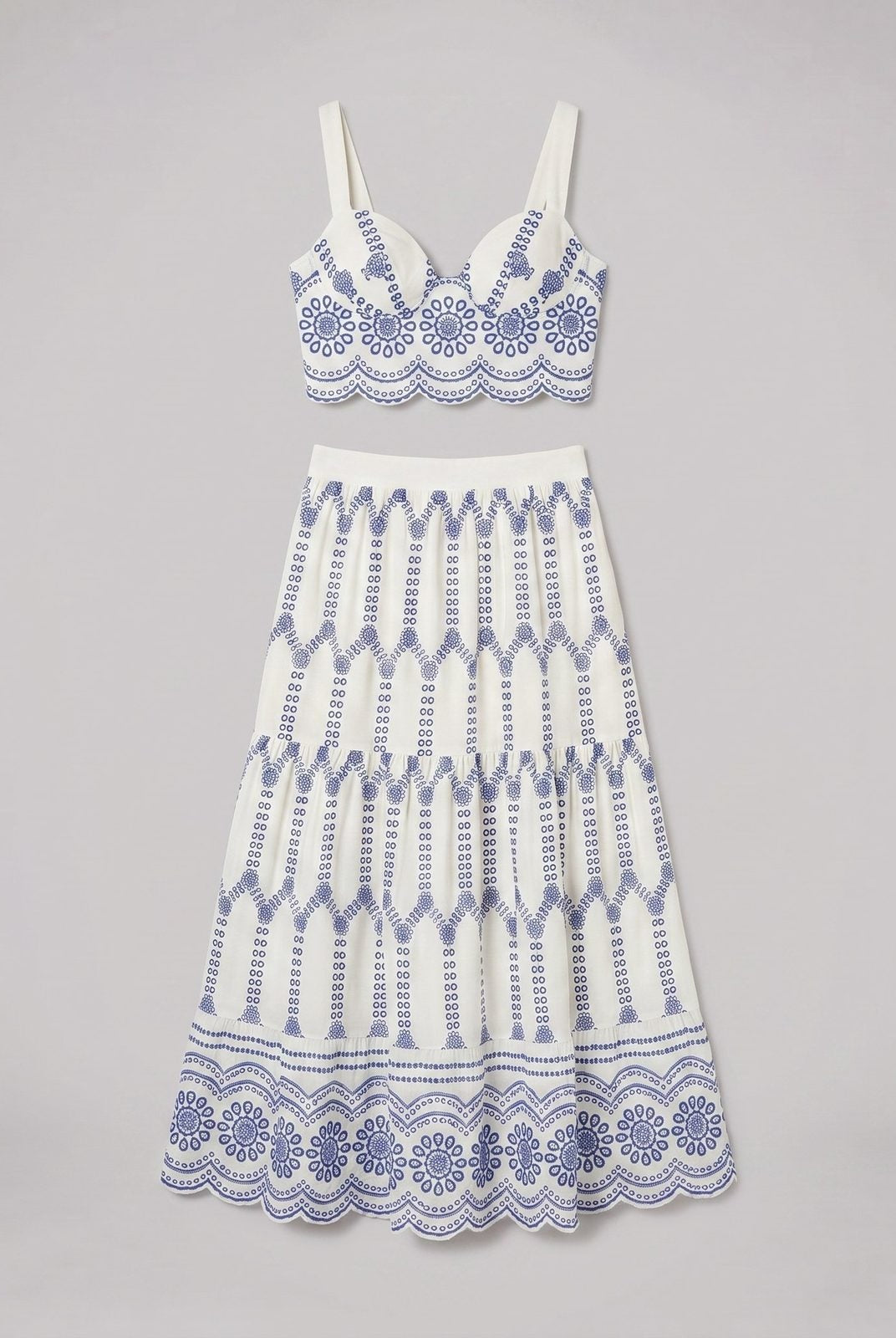 Pinta ivory broderie skirt set flat-lay - blue eyelet embroidery