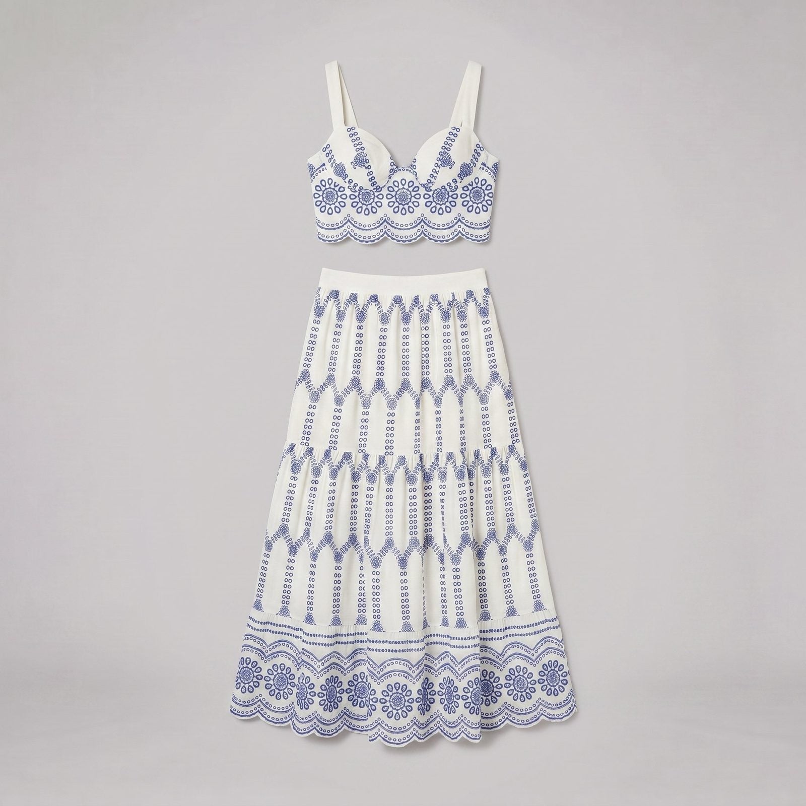 Pinta ivory broderie skirt set flat-lay - blue eyelet embroidery