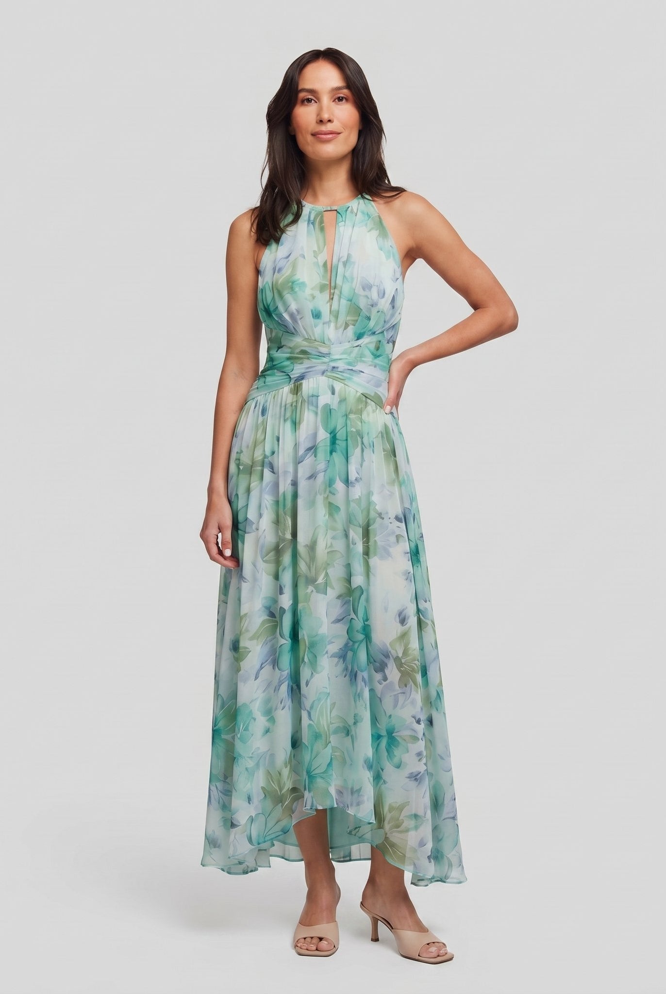 Poppy green floral halter midi dress, full length