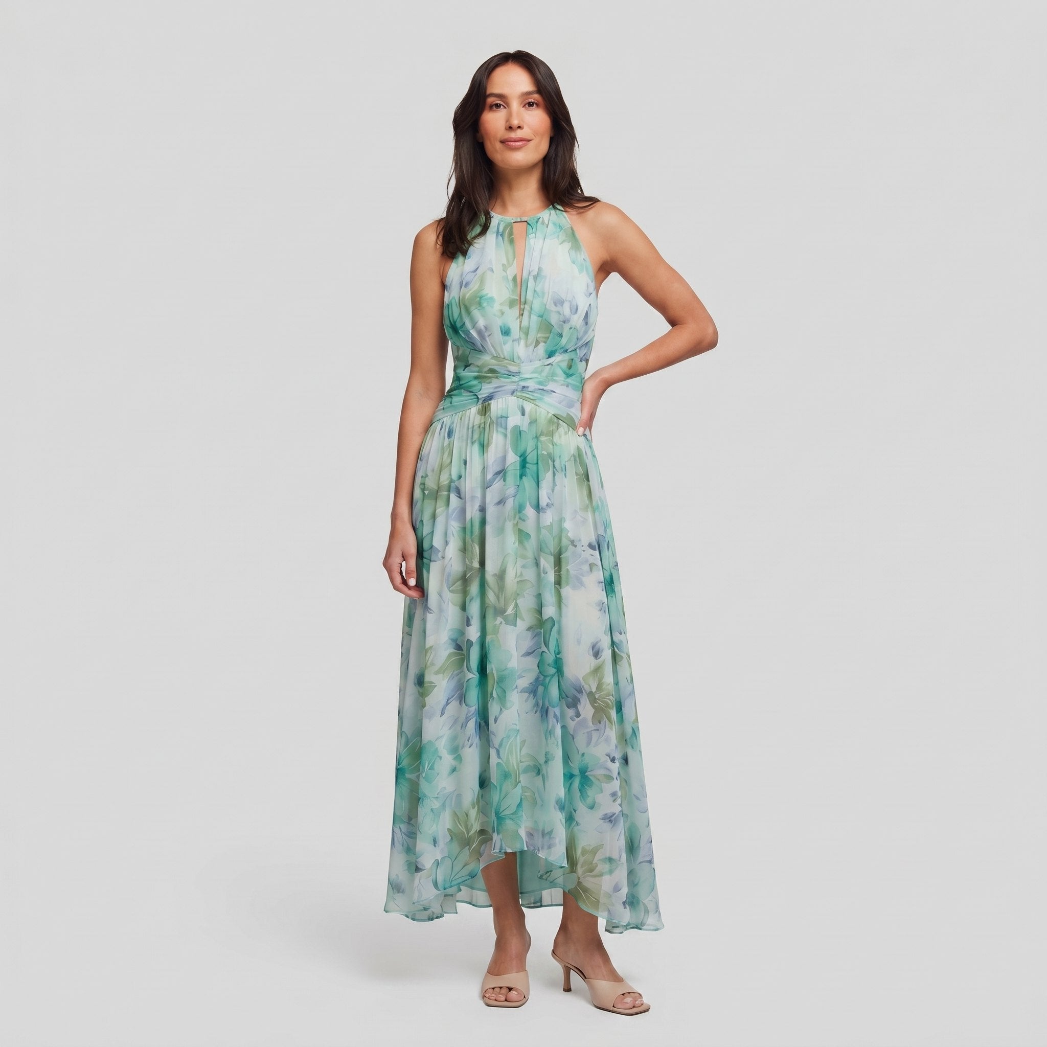 Poppy green floral halter midi dress, full length