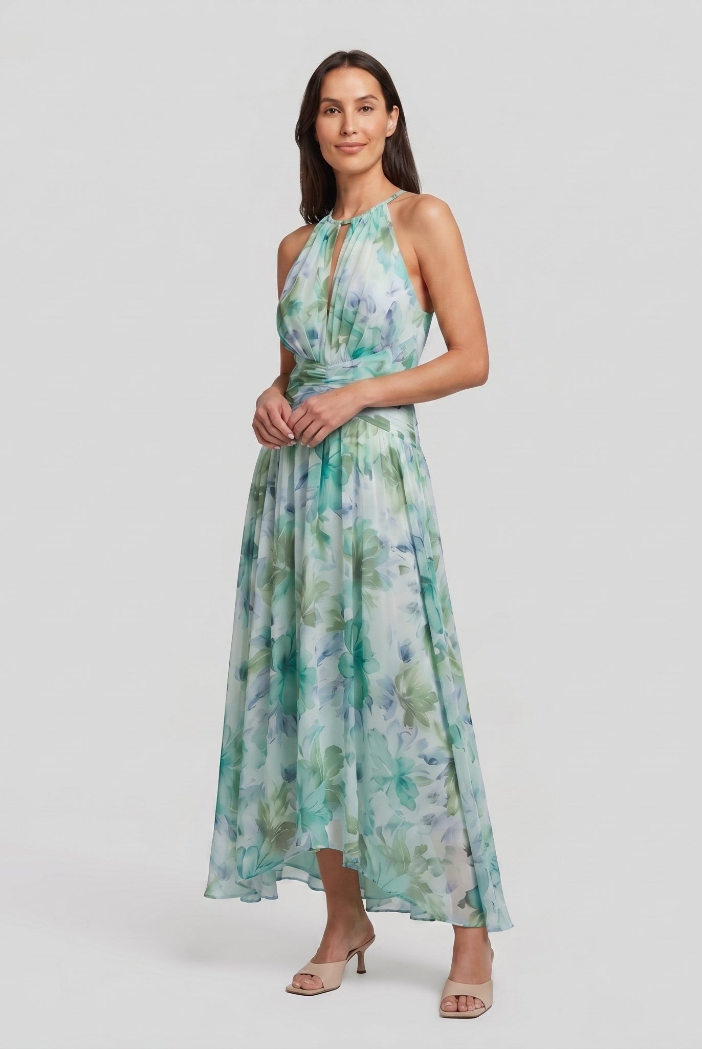 Poppy green floral halter midi dress, three quarter view