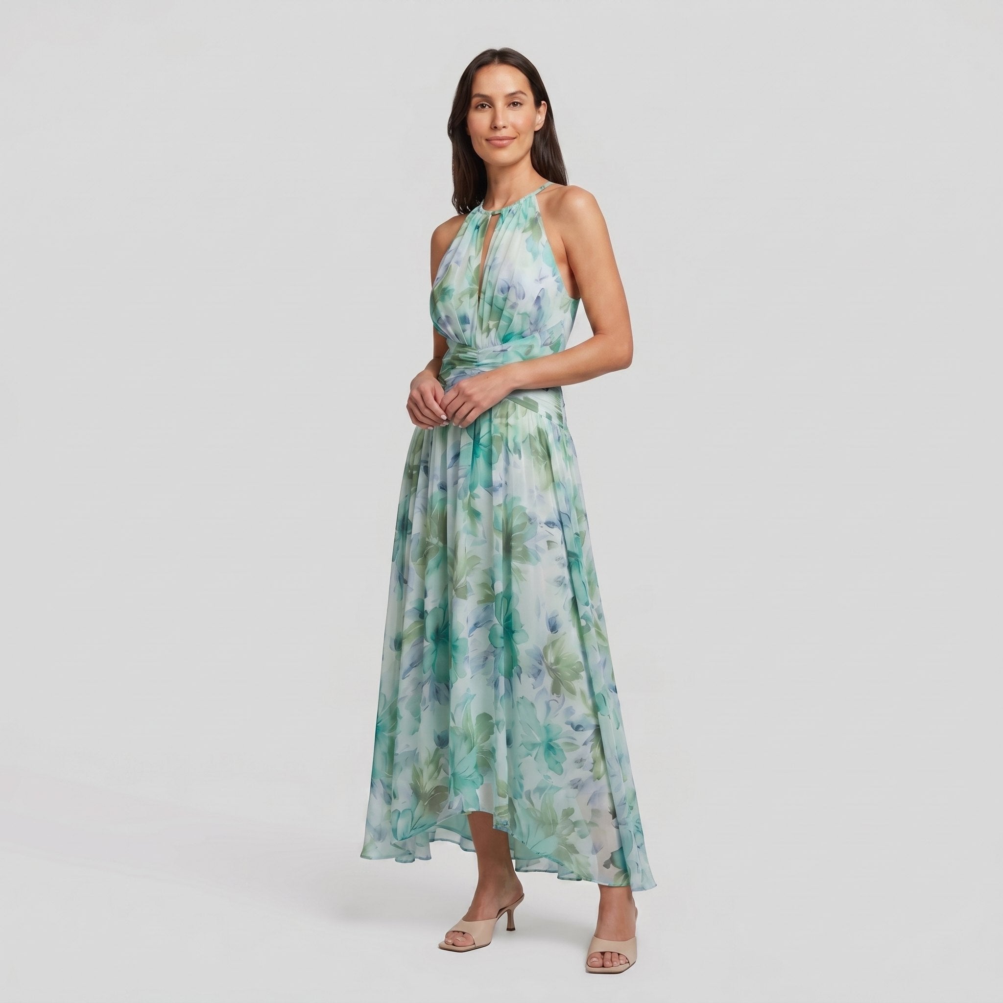 Poppy green floral halter midi dress, three quarter view