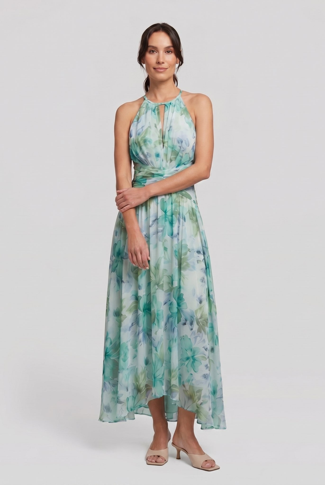 Poppy green floral halter midi dress, front view