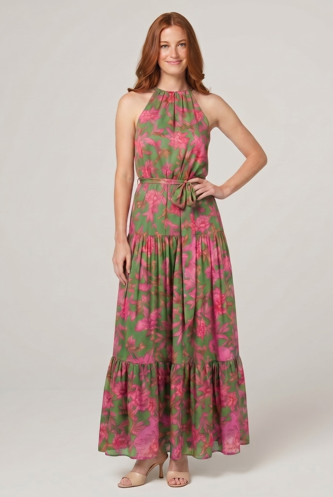Raven floral halter midi dress, full length