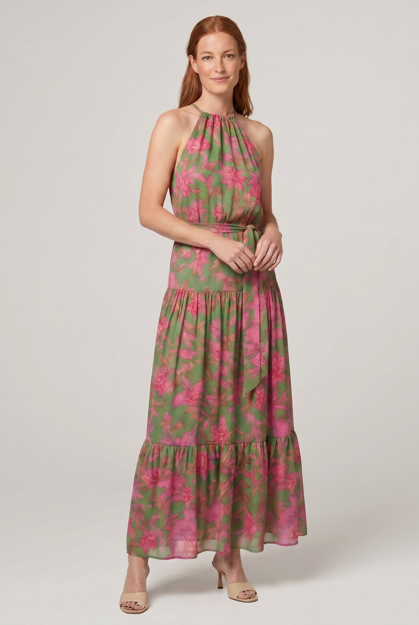 Raven floral halter midi dress, three quarter view