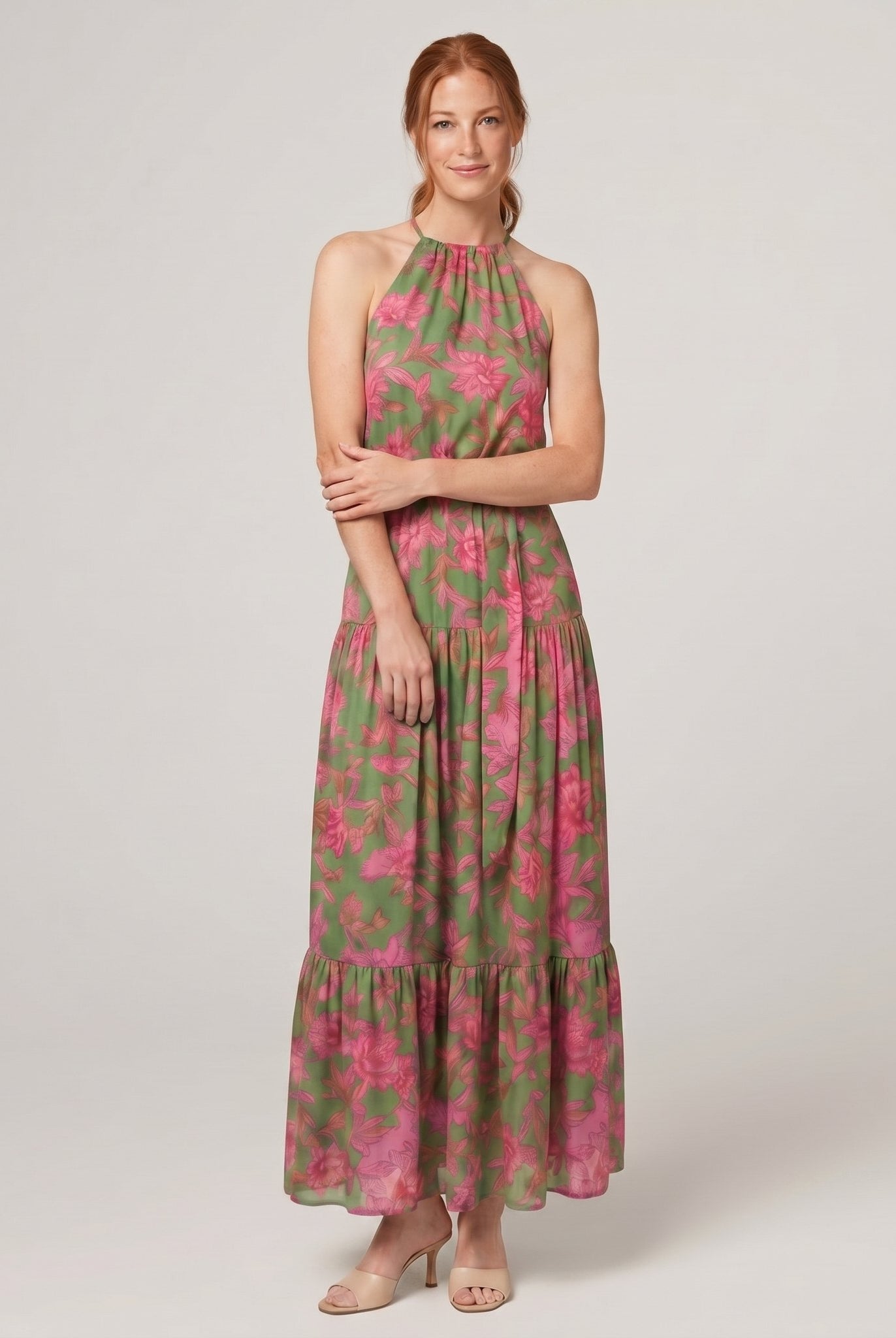Raven floral halter midi dress, front view