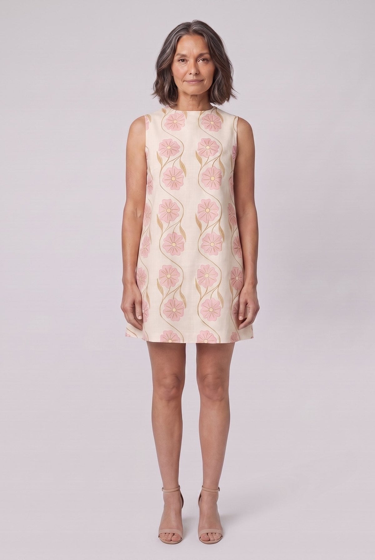 Rosa cream floral sleeveless A-line mini dress - front view
