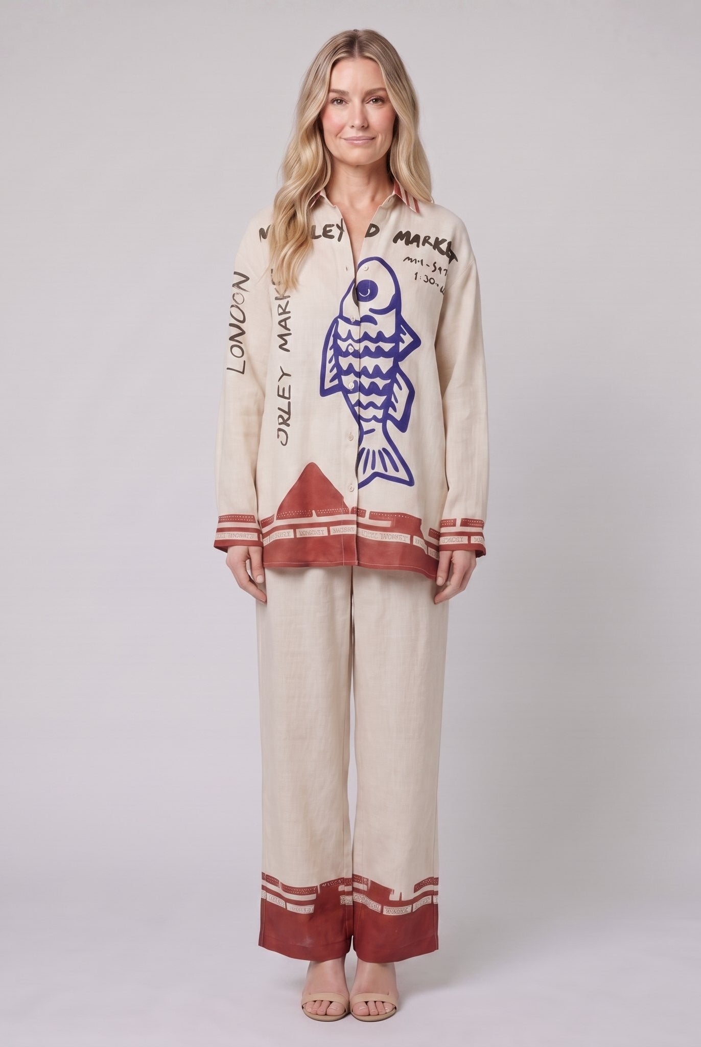 Rounelle cream linen two-piece set with blue fish print, front view