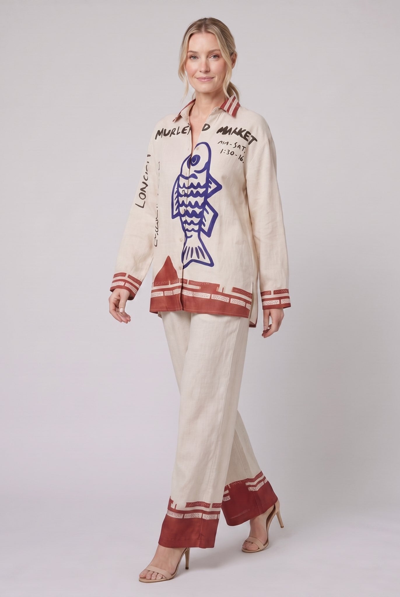 Rounelle cream linen set, walking pose showing relaxed fit