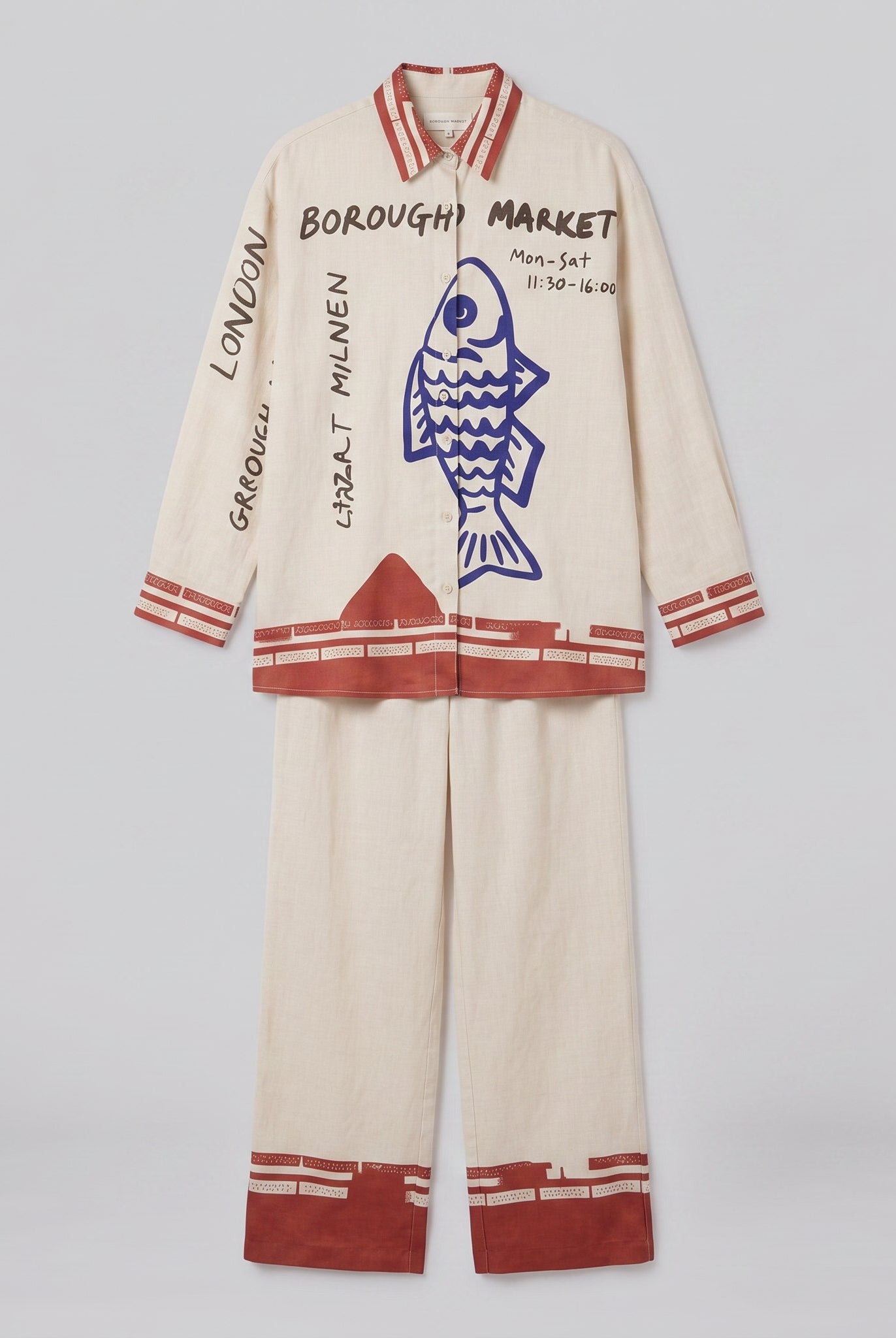 Rounelle cream linen set flat lay, shirt and trousers with blue fish print
