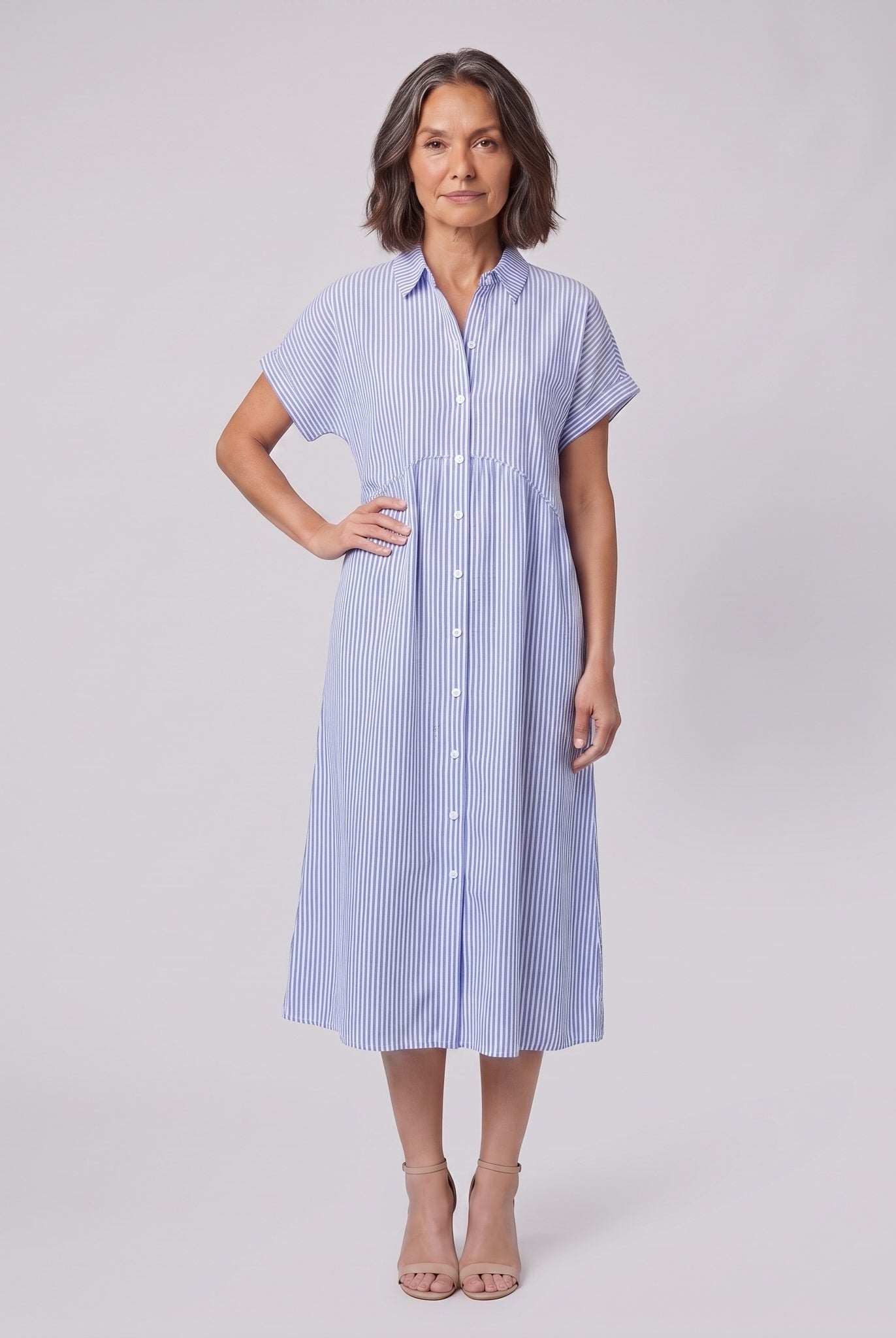 Sierra blue striped seersucker shirt dress, front view
