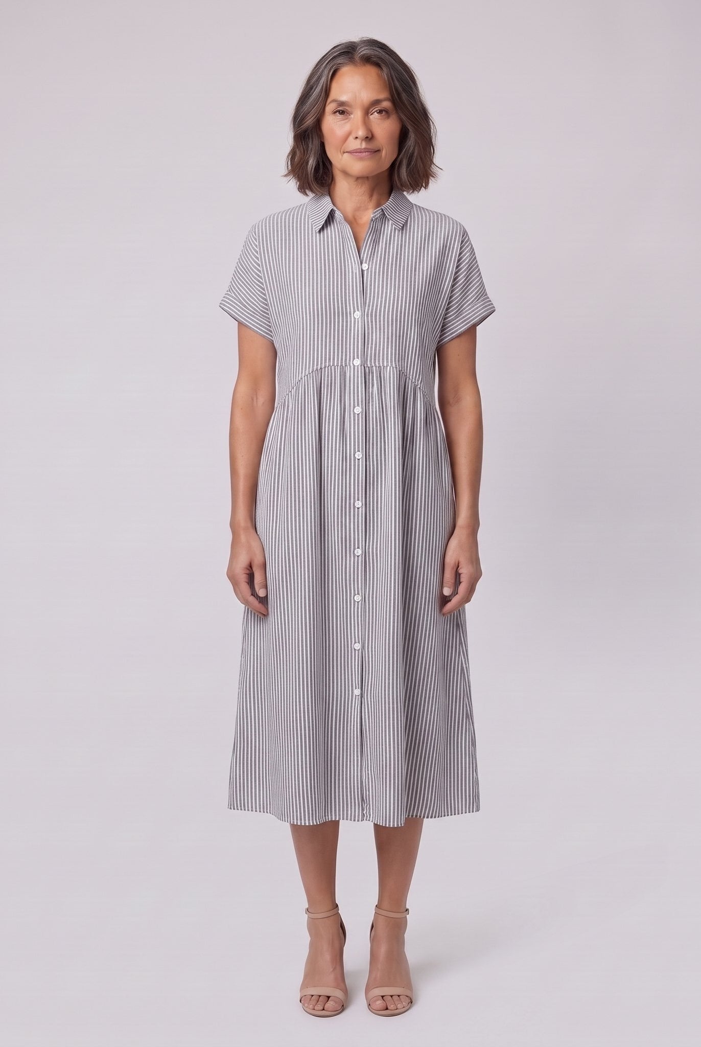 Sierra gray striped seersucker shirt dress