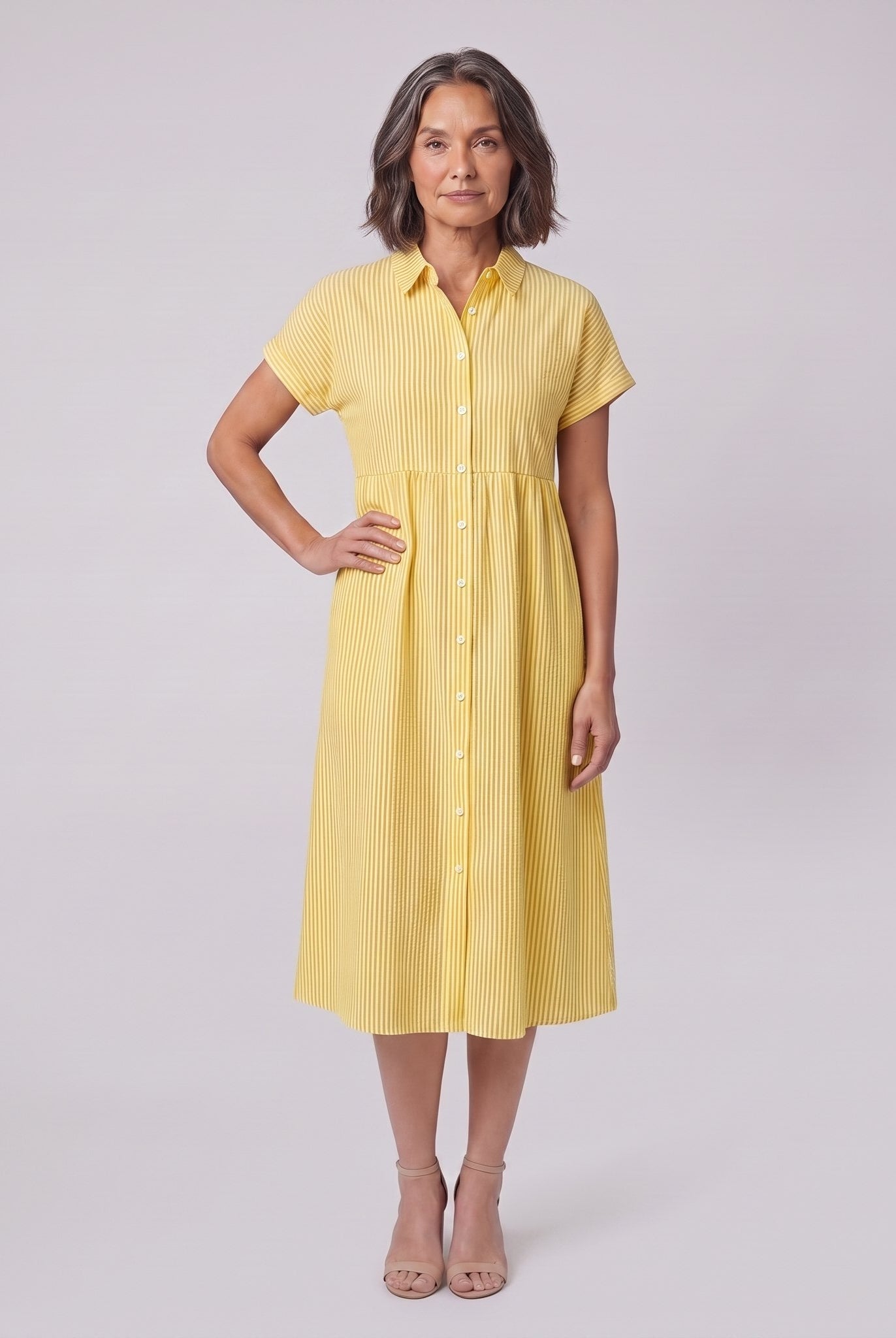 Sierra yellow striped seersucker shirt dress