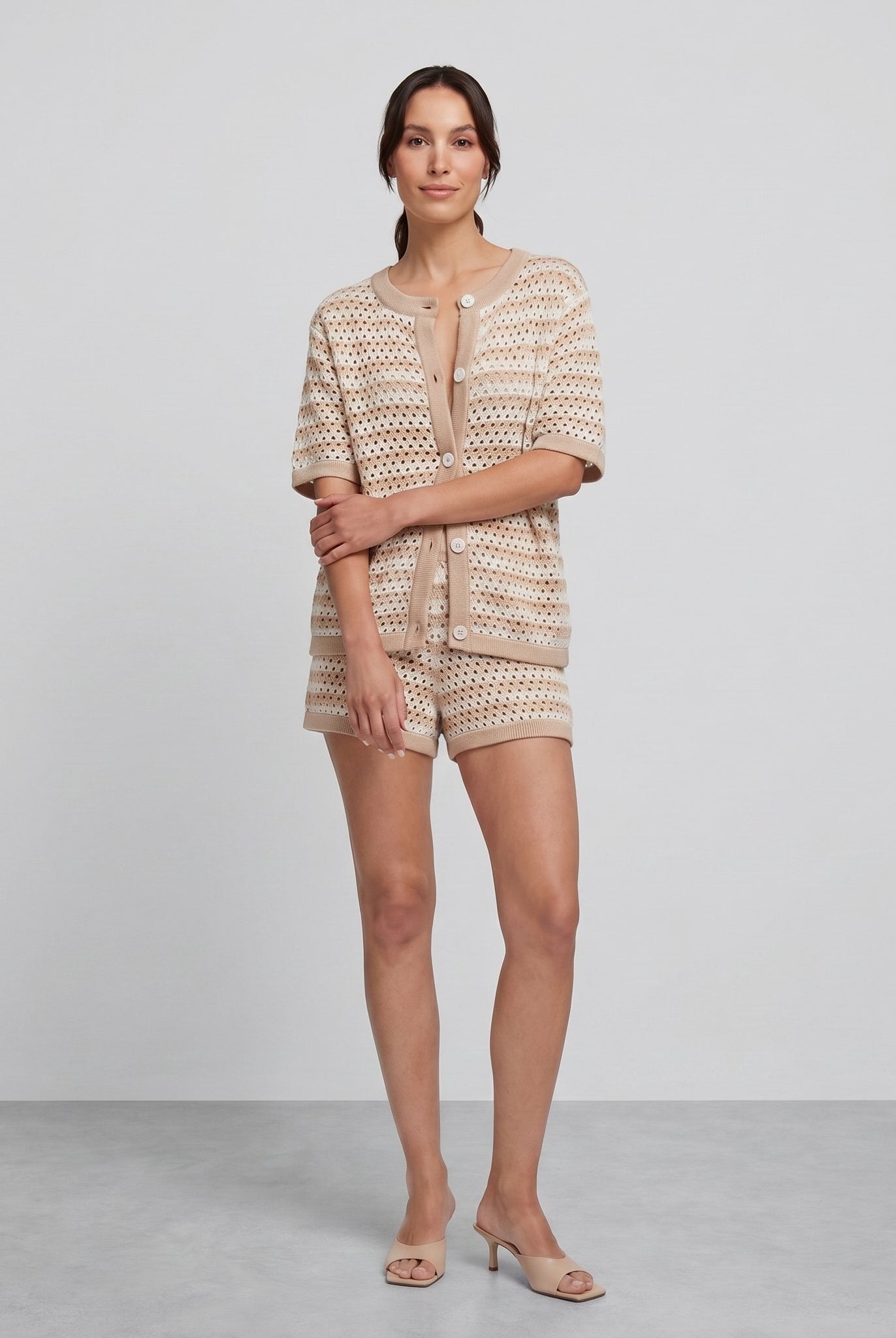 Sola Knitted Co Ord Set in beige and cream stripes — open-crochet cardigan and shorts