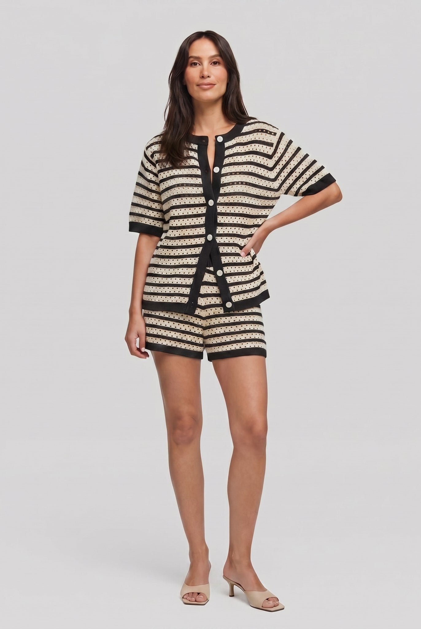 Sola Knitted Co Ord Set in black and cream stripes — open-crochet cardigan and shorts