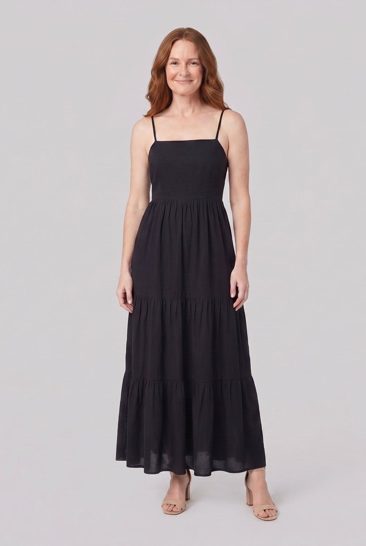 Sola black spaghetti-strap tiered maxi dress