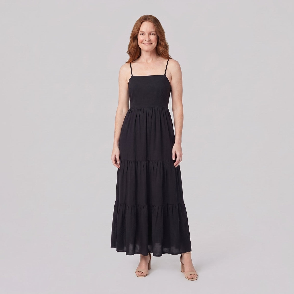 Sola black spaghetti-strap tiered maxi dress
