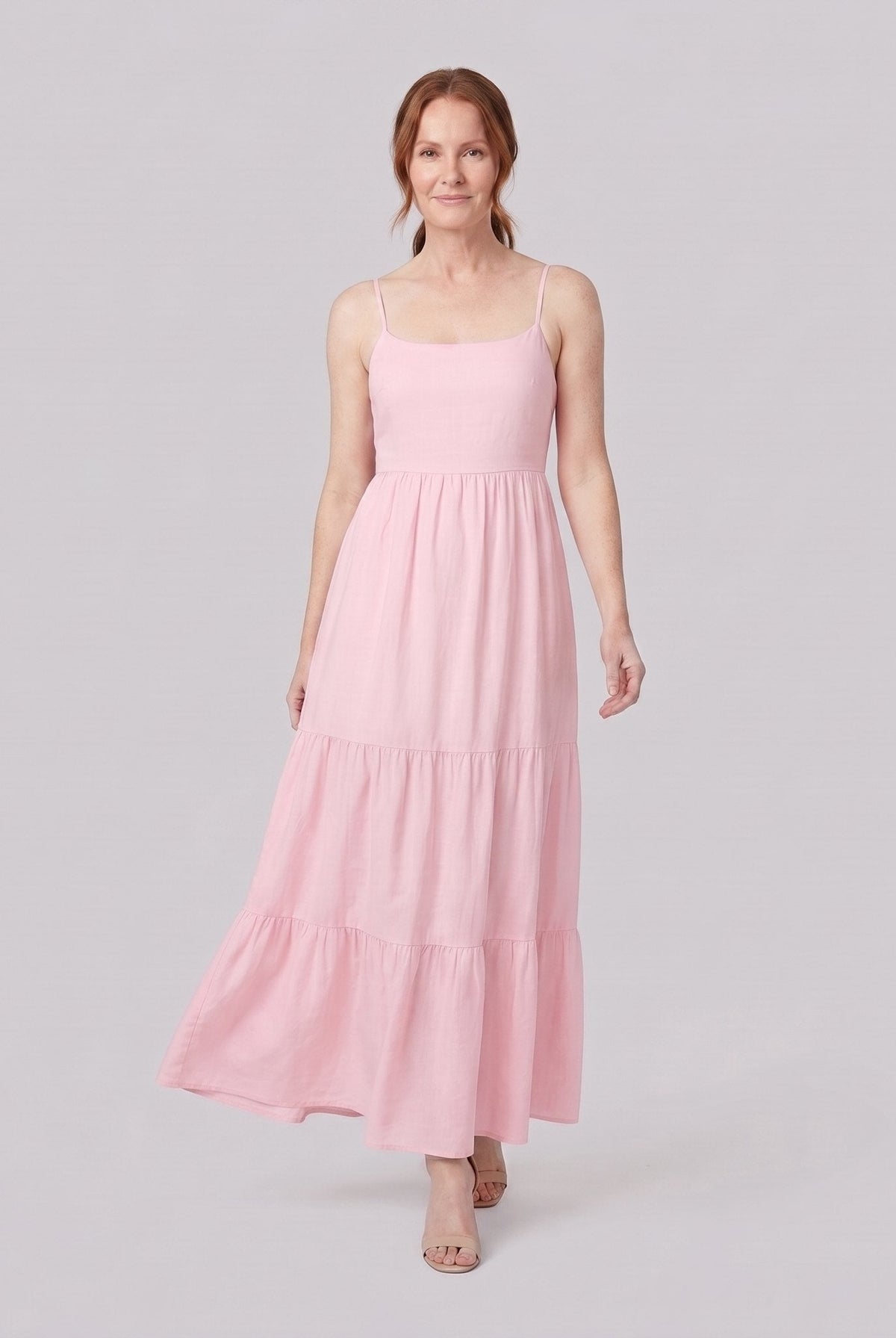 Sola pink spaghetti-strap tiered maxi dress