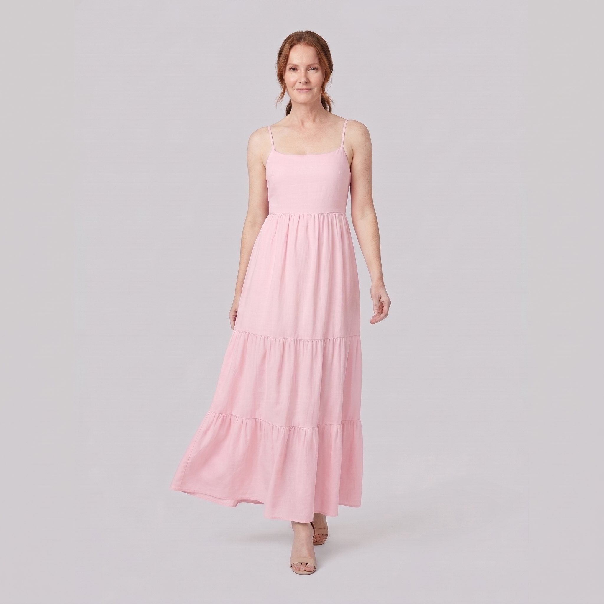 Sola pink spaghetti-strap tiered maxi dress