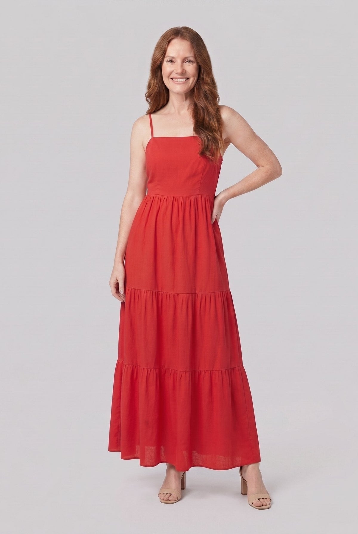 Sola red spaghetti-strap tiered maxi dress