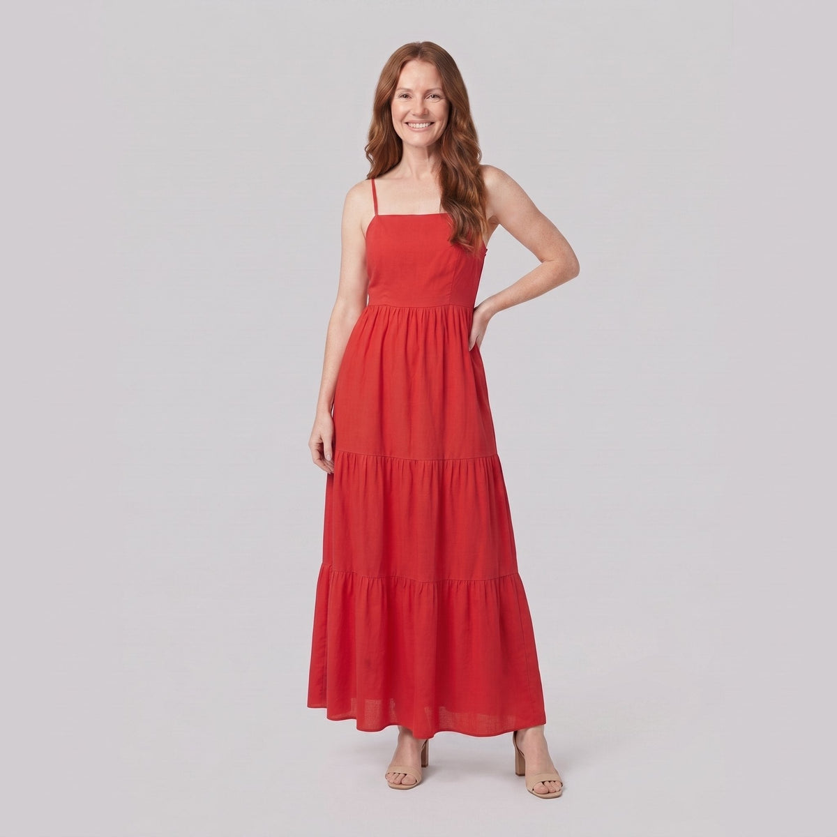 Sola red spaghetti-strap tiered maxi dress